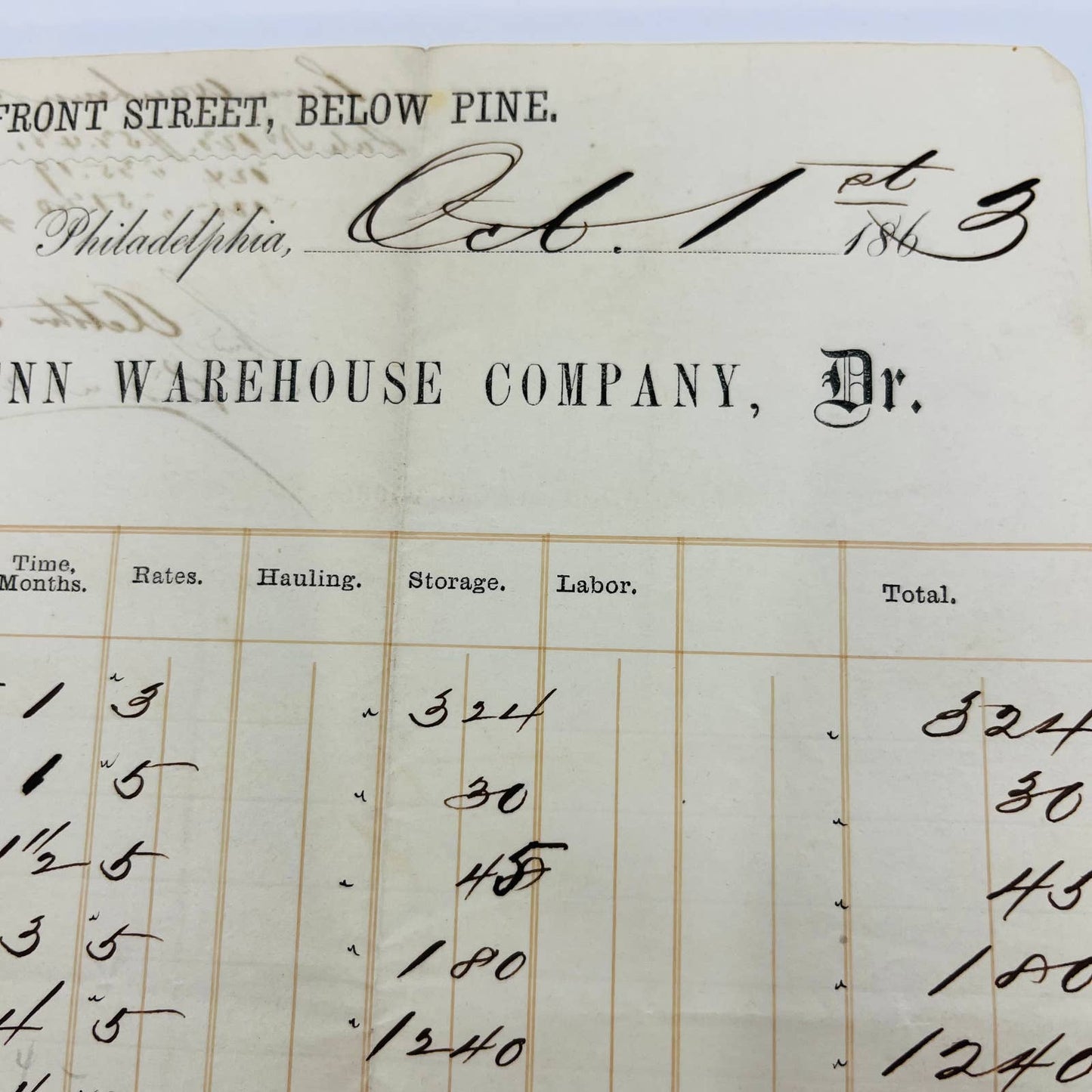 1863 Civil War Penn Warehouse Co Philadelphia PA Billhead Letterhead Receipt AA4