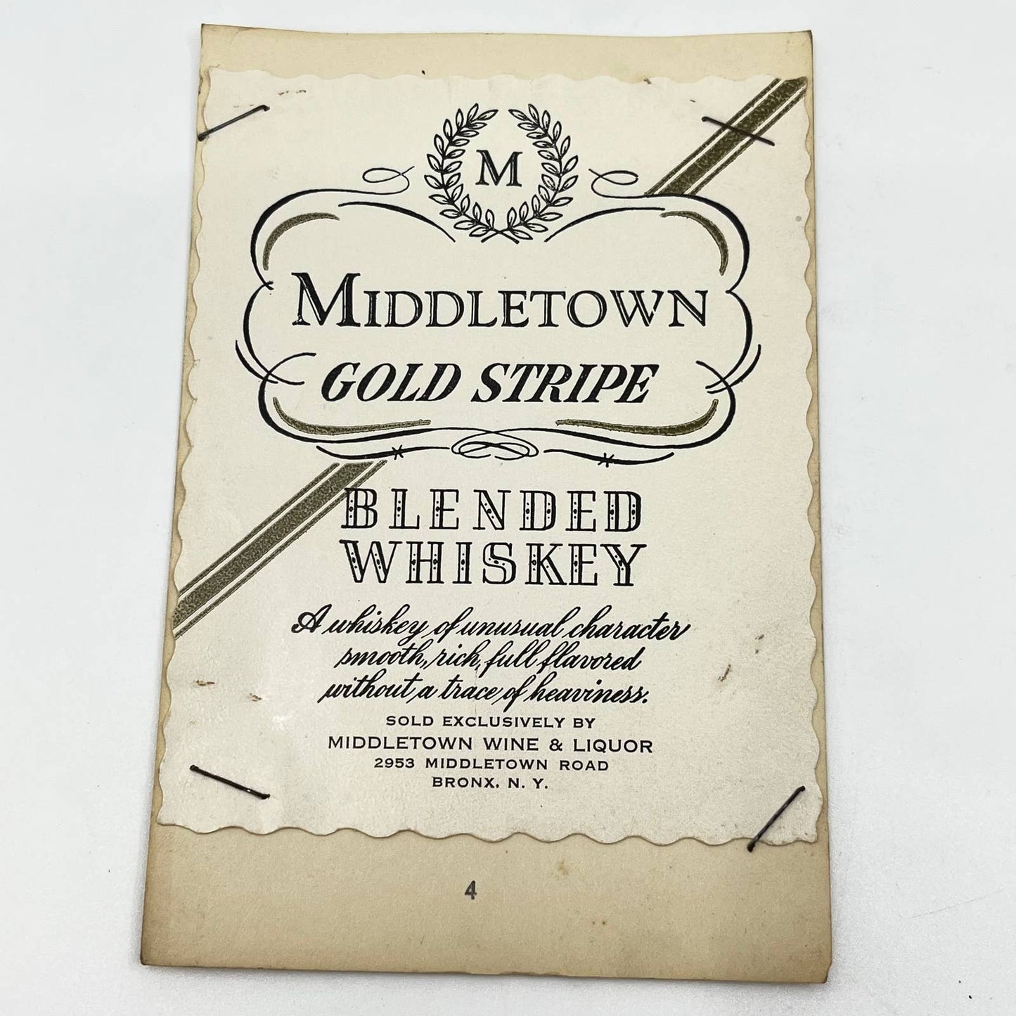 Middletown Gold Stripe Whiskey Label Middletown Wine & Liquor Bronx NY