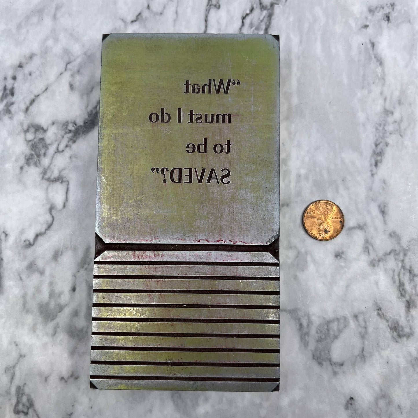Vintage Printers Block Plate Christian "What Must I Do to Be Saved?" TJ52