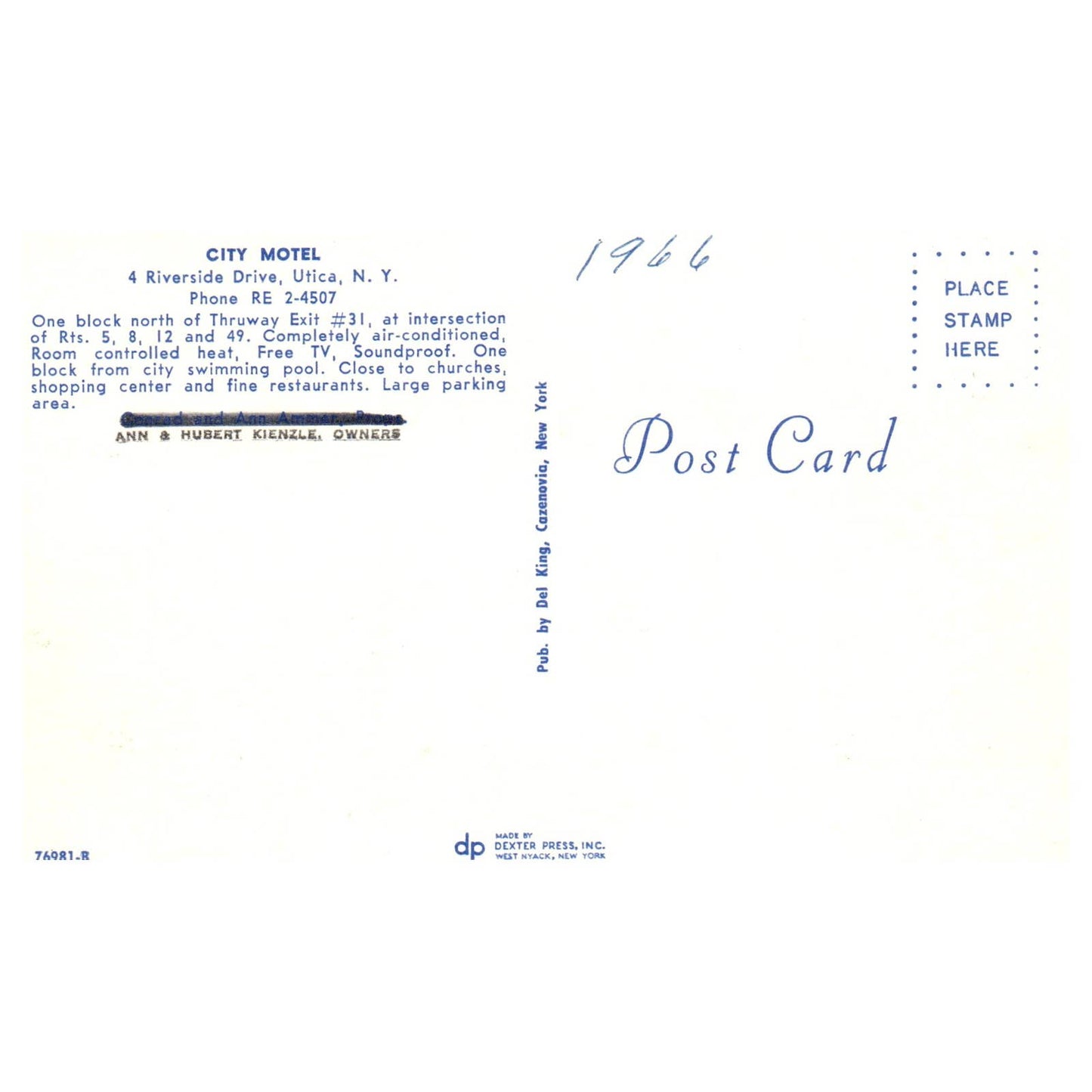 City Motel Riverside Drive Utica NY Ann & Hubert Kienzle 1966 - Postcard TJ8-2