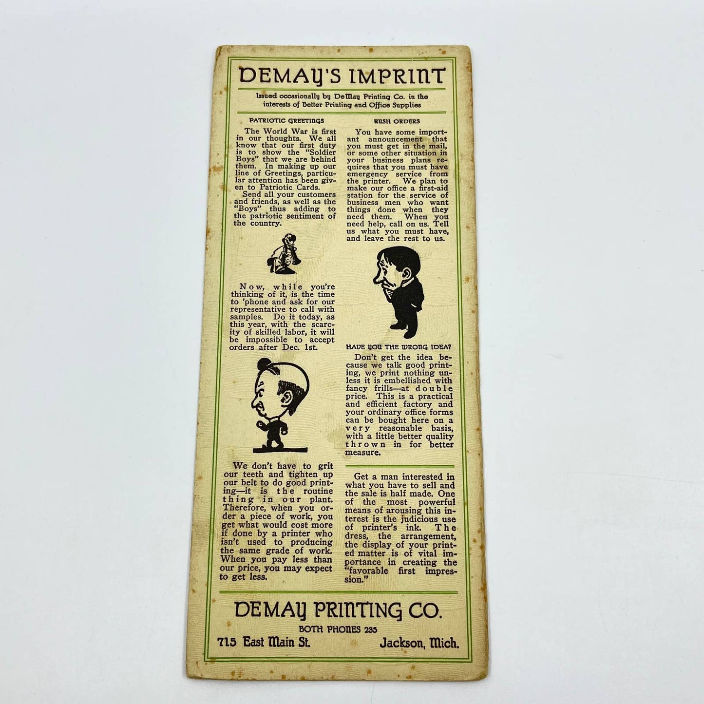 c1918 WWI Blotter Card DeMay’s Printing Jackson MI SC9