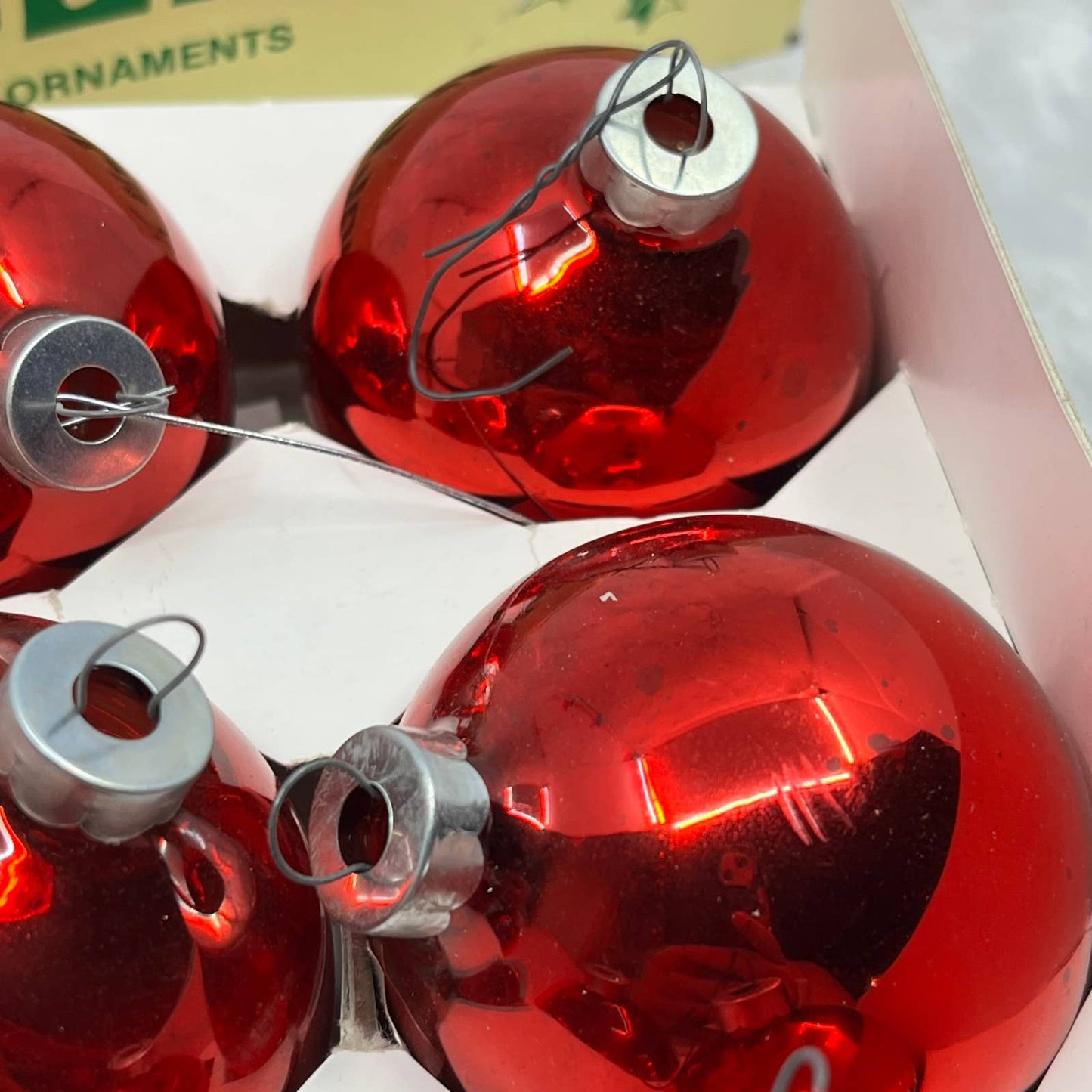 HOLLY 6 Vintage 2 5/8" Mercury Glass Ornaments Original Box Red TJ9