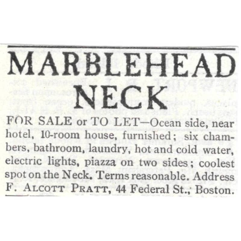 Marblehead Neck Home For Sale/Rent F. Alcott Pratt Boston MA - 1903 Ad TJ8-7-5