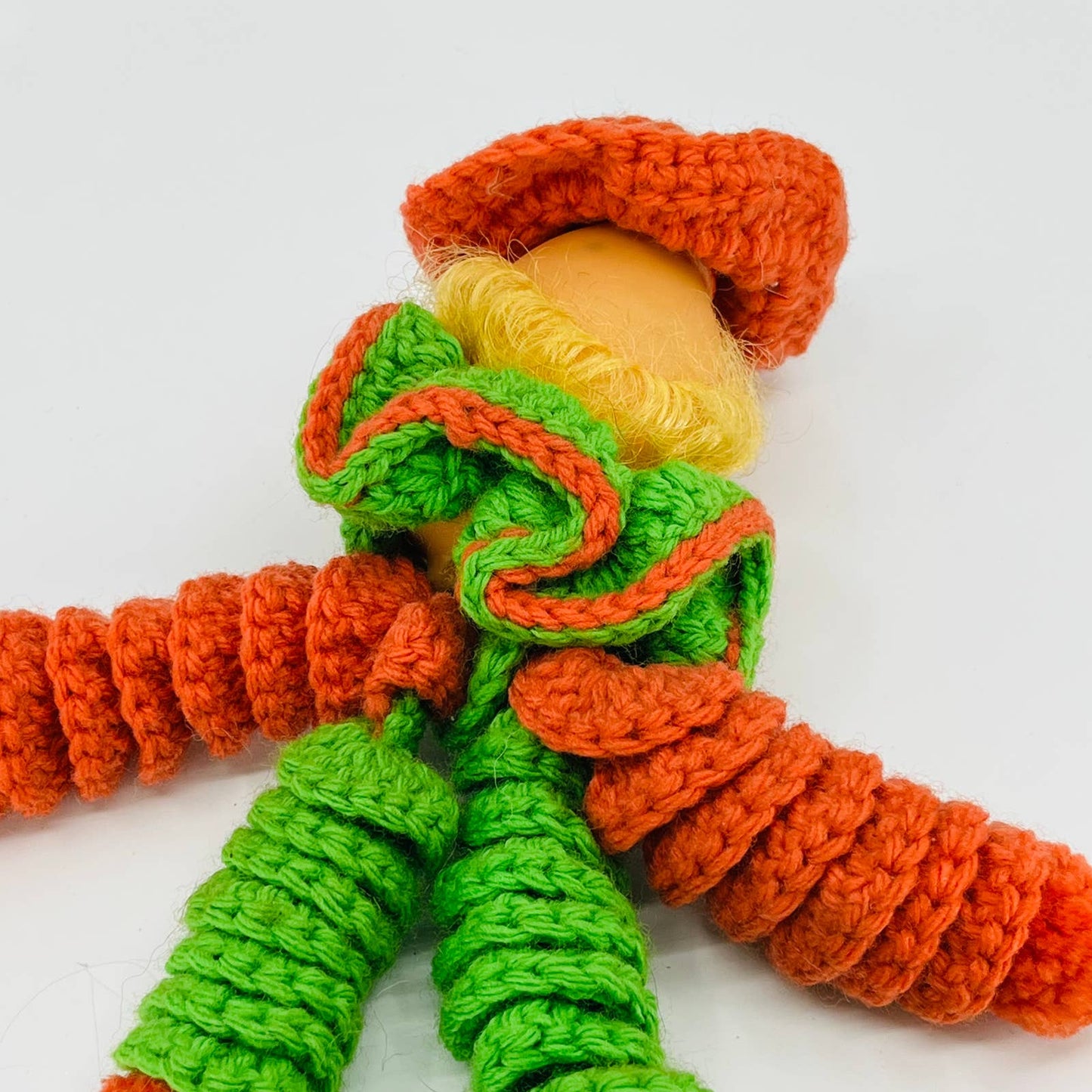 1960s Retro Kitsch Handmade Crocheted Clown Doll Toy Plastic Face 10” TB7