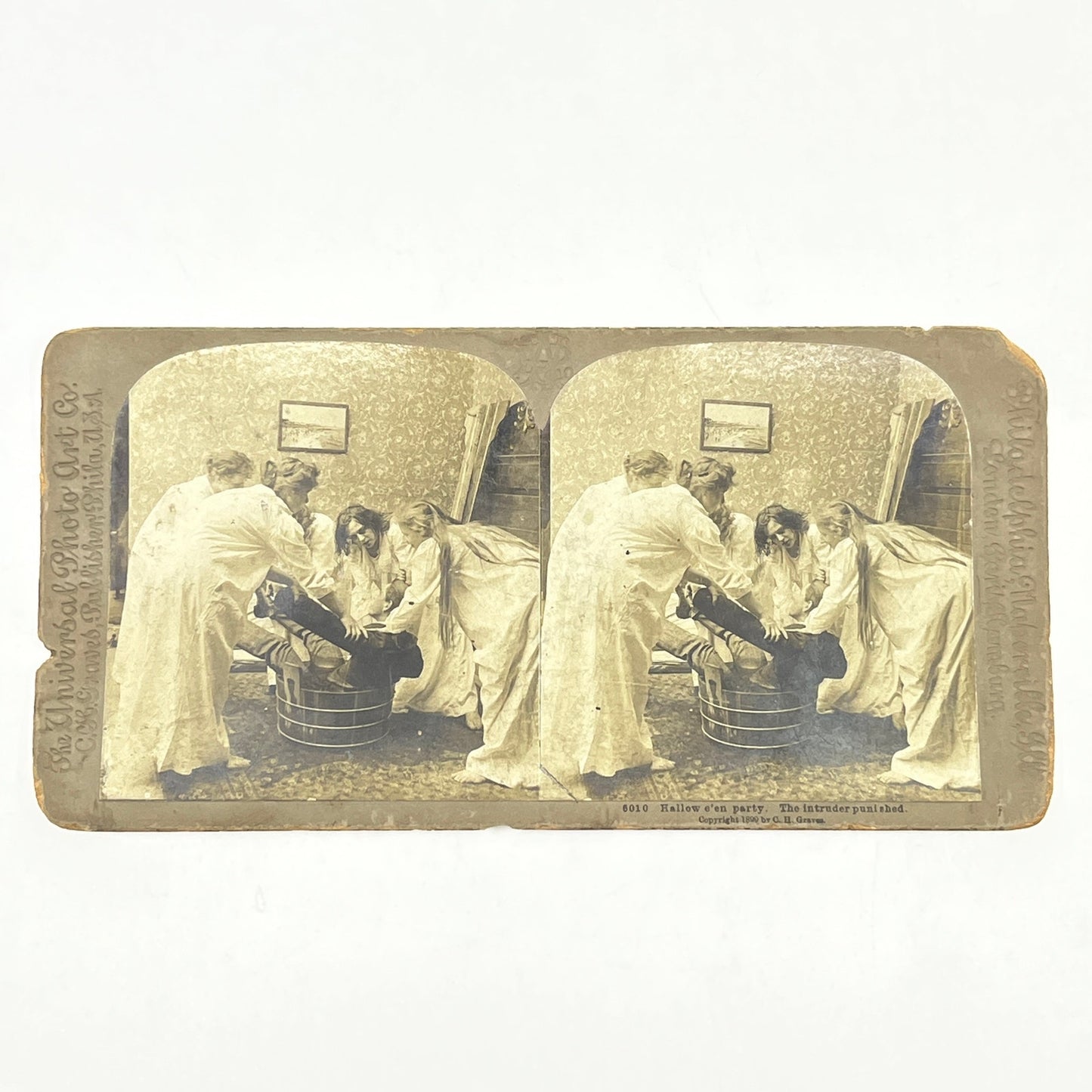 c1900 Stereoview Card Victorian Halloween Party The Intruder Punished H1-1
