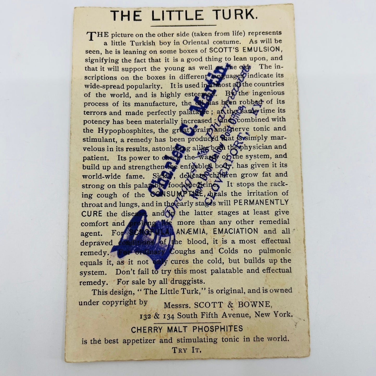 1880s Victorian Trade Card Quack Medicine Scotts Emulsion Little Turk NY SAH9-H7