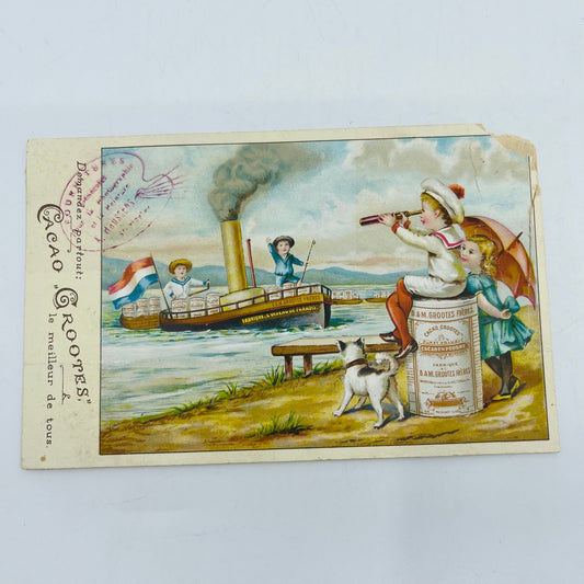 Victorian 1800s French Trade Card Cacao Crooters Children on Tugboat Dog AH9-2