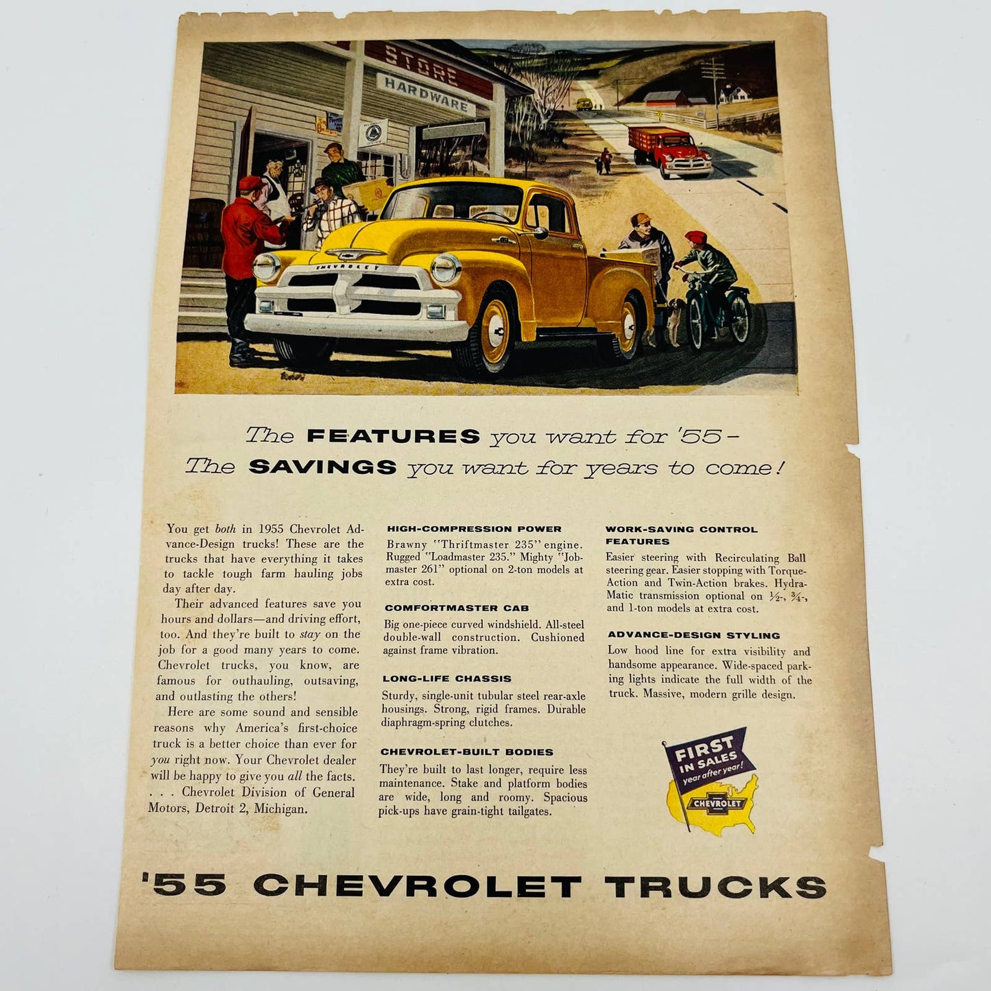 Vintage Advertisement ‘55 Chevrolet Trucks Yellow Chevy Pickup Loadmaster AA1