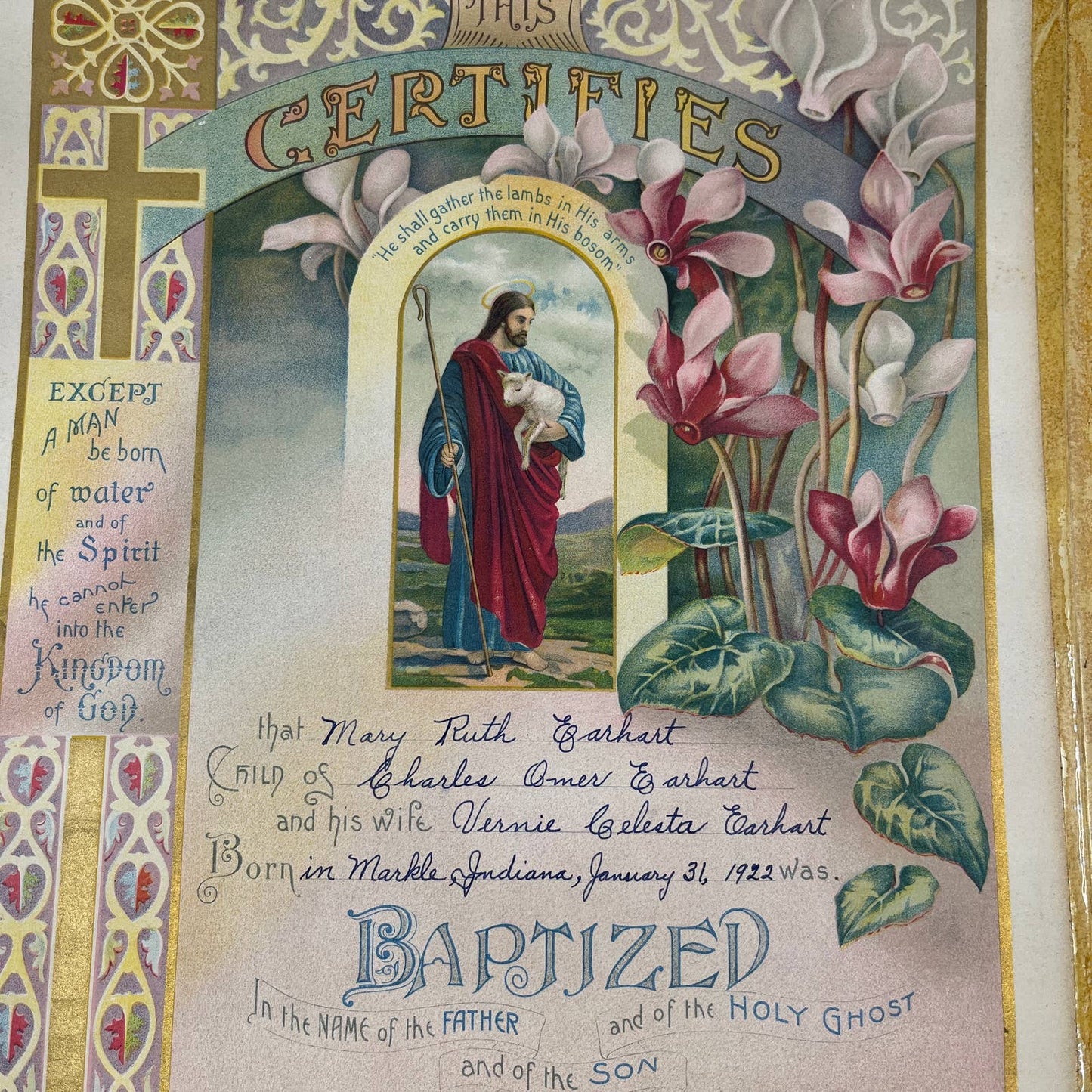 1922 Baptism Certificate Mary Ruth Earhart Salem Evangelical Church Markle FL4