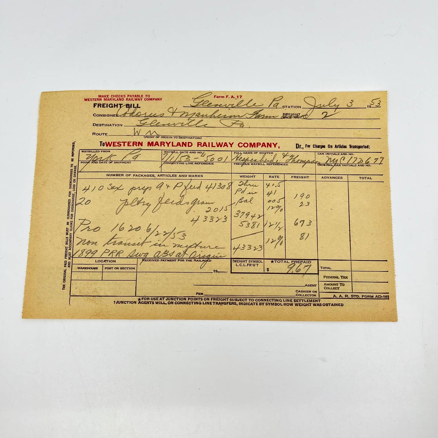 1953 Western Maryland Railway Company Bill of Freight Lot of 3 AA8