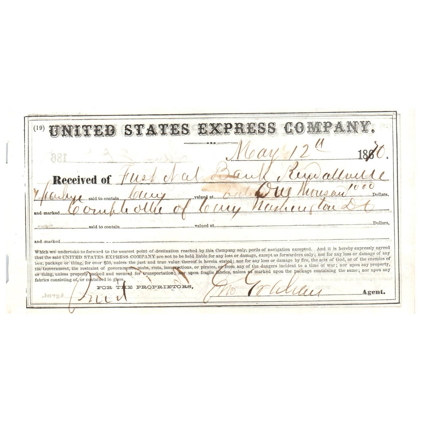 1870 United States Express Company Handwritten Receipt AD8-1