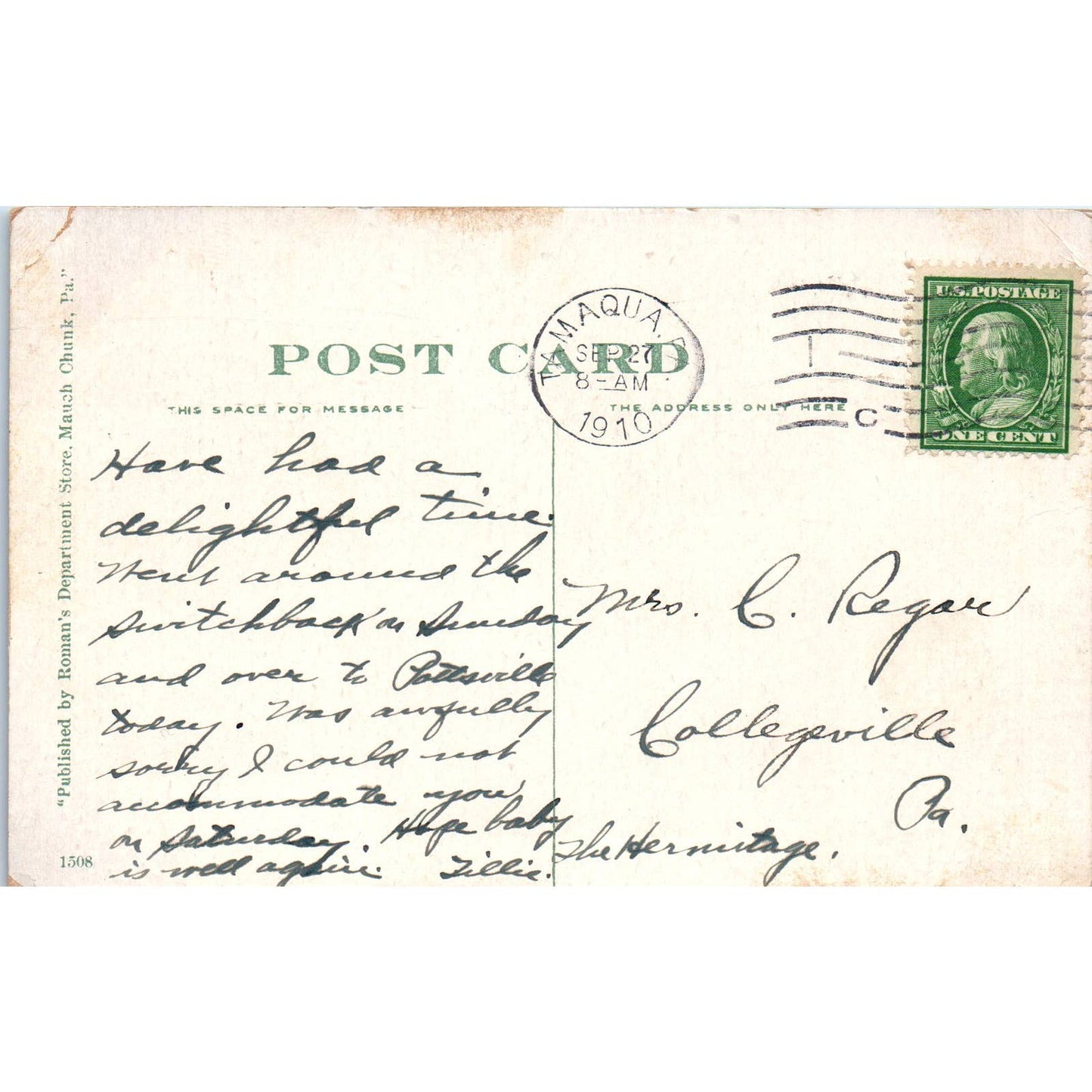 1910 Postcard Mauch Chunk Looking West From Bear Mountain PA TD8-P2