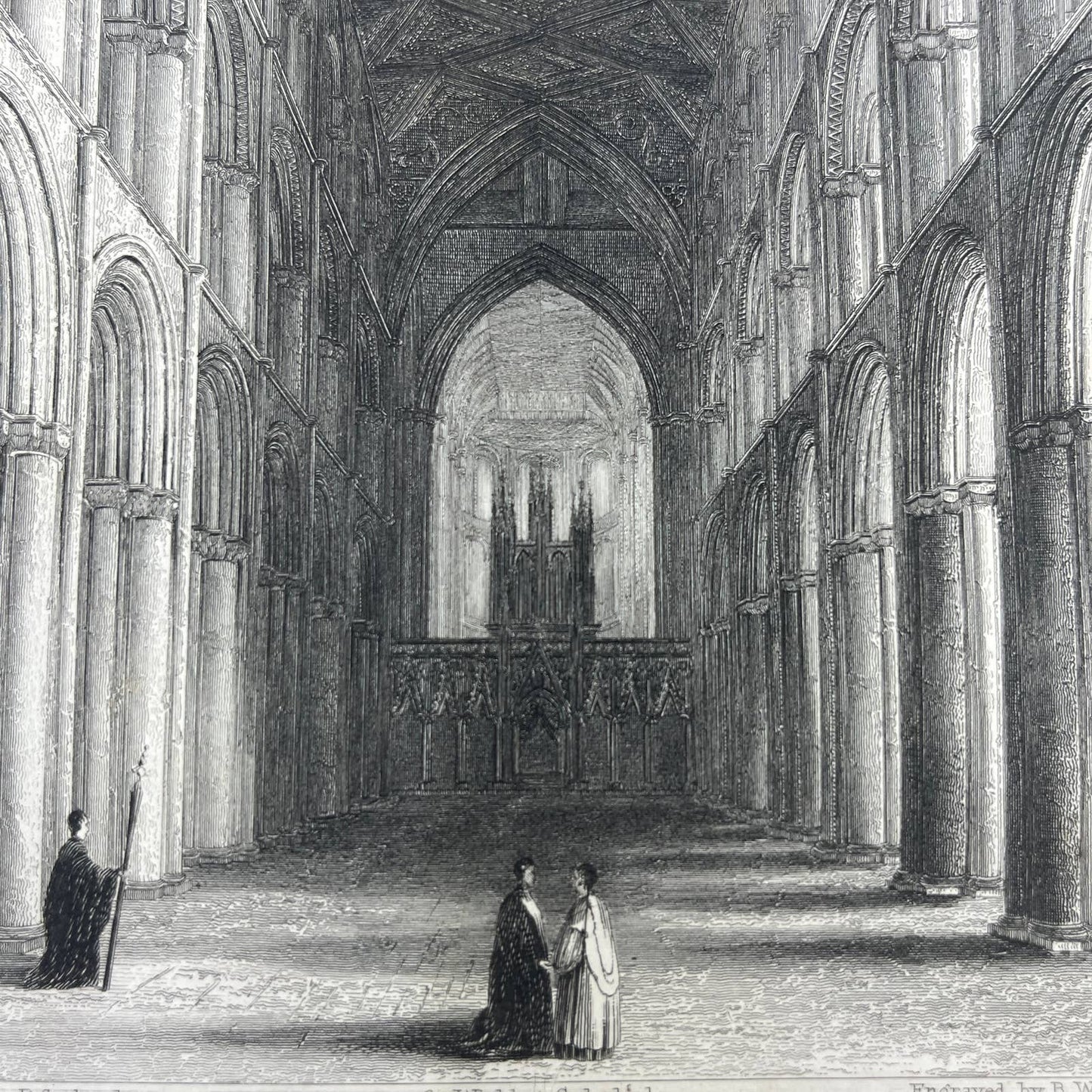 1836 Original Art Engraving Peterborough Cathedral View of the Nave AC4