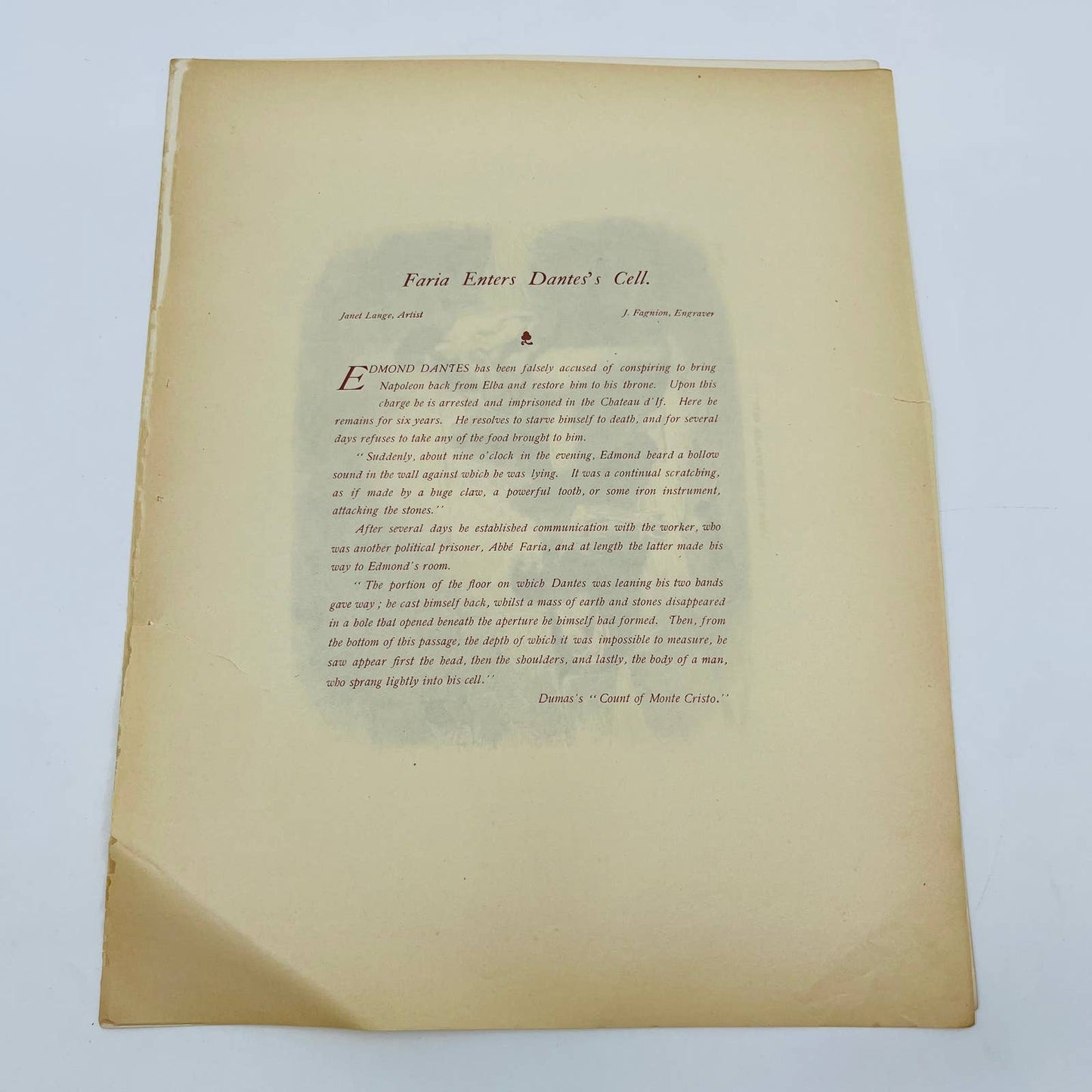 1880s Victorian Art Print Engraving Dumas FARIA ENTERS DANTE’S CELL Janet Lange