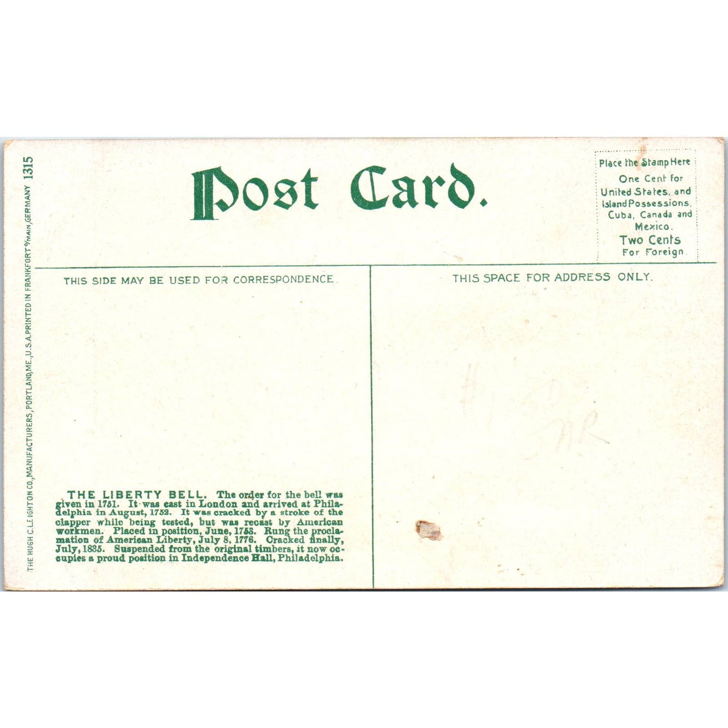 Antique Postcard The Liberty Bell 1776 Philadelphia PA TD8-P2