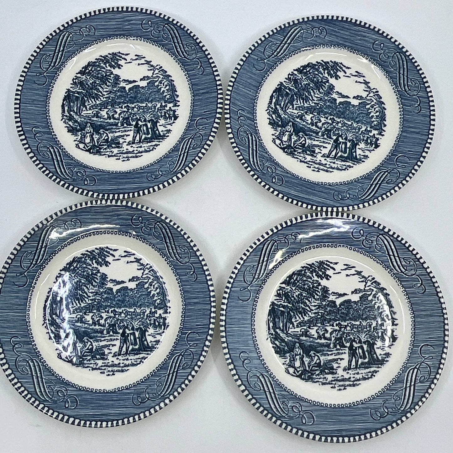 Currier & Ives BLUE Harvest Wheat Royal China Set 4 Dessert Bread Plates 6” TI3