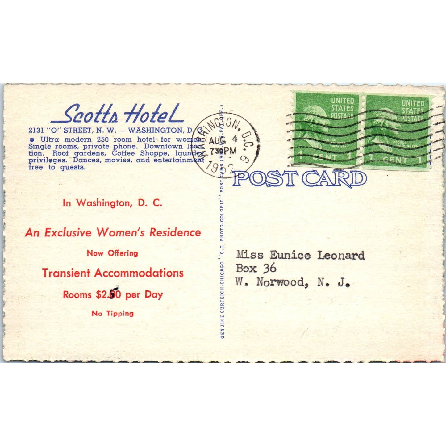 Scott's Hotel 1952 Washington D.C. Original Postcard TK1-P2