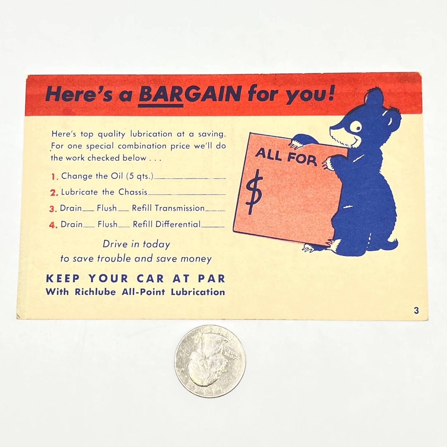 c1940 Ad Postcard Richlube All-Point Automobile Lubrication Bear AB6