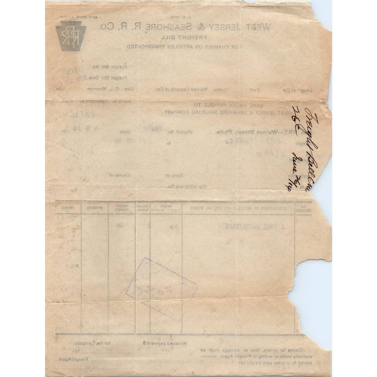 1914 West Jersey & Seashore R.R. Railroad Co. Freight Bill Bale Mattresses AD8