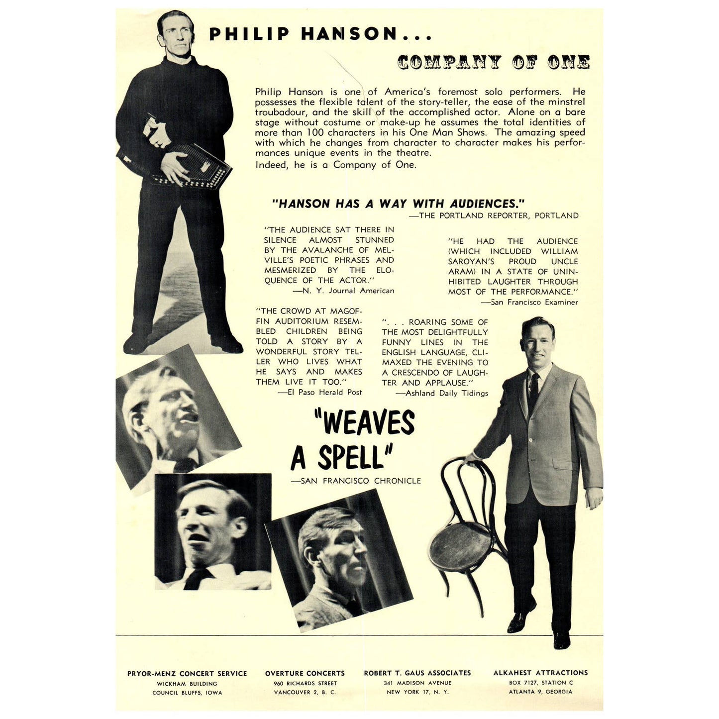 Vintage Philip Hanson Company of One Program Leaflet SIGNED One-Man Shows AC9