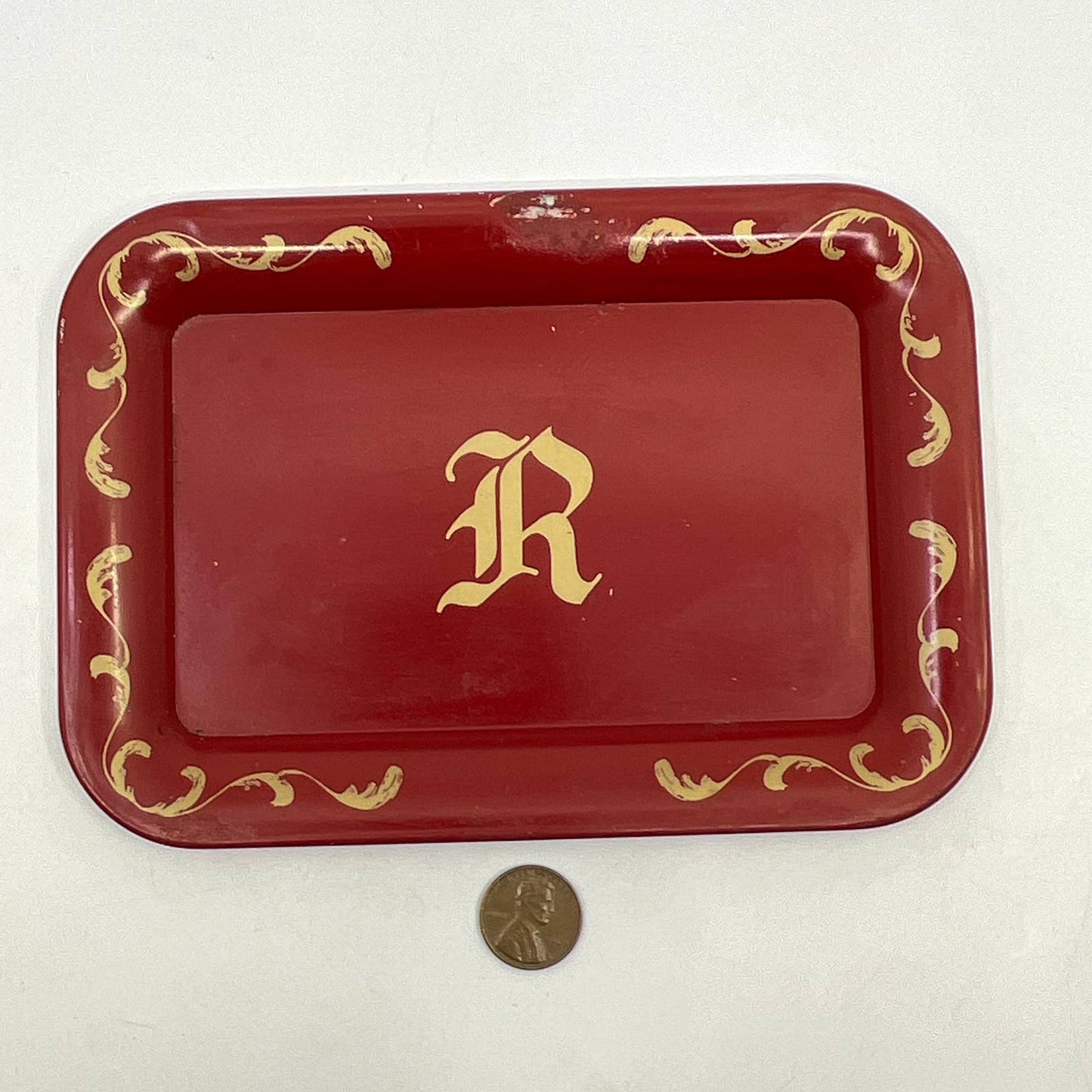 Vintage Small Tin Toleware Tray Monogrammed “R” Red ~6.5x4.5” TH2-4