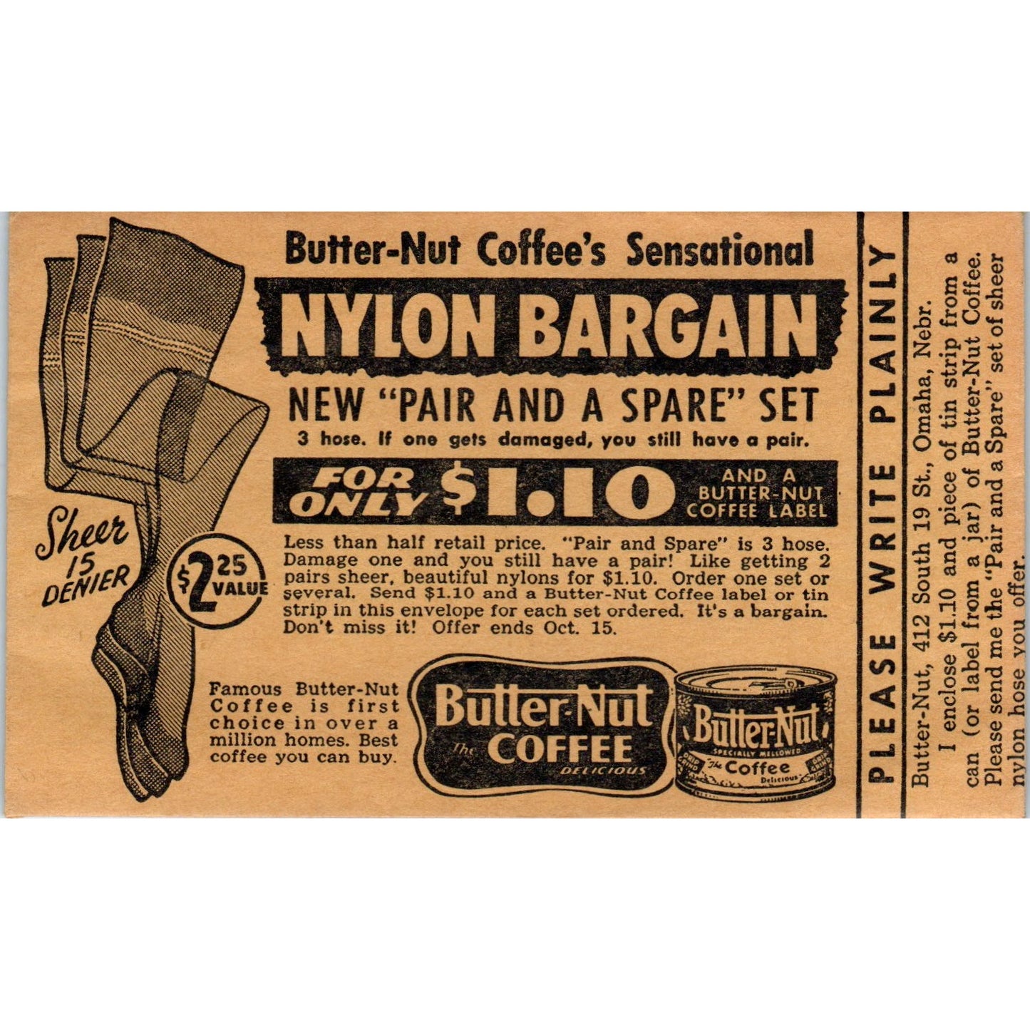 Butter-nut Coffee Advertising Envelope Nylons Promotion Omaha Nebraska AK3-M42