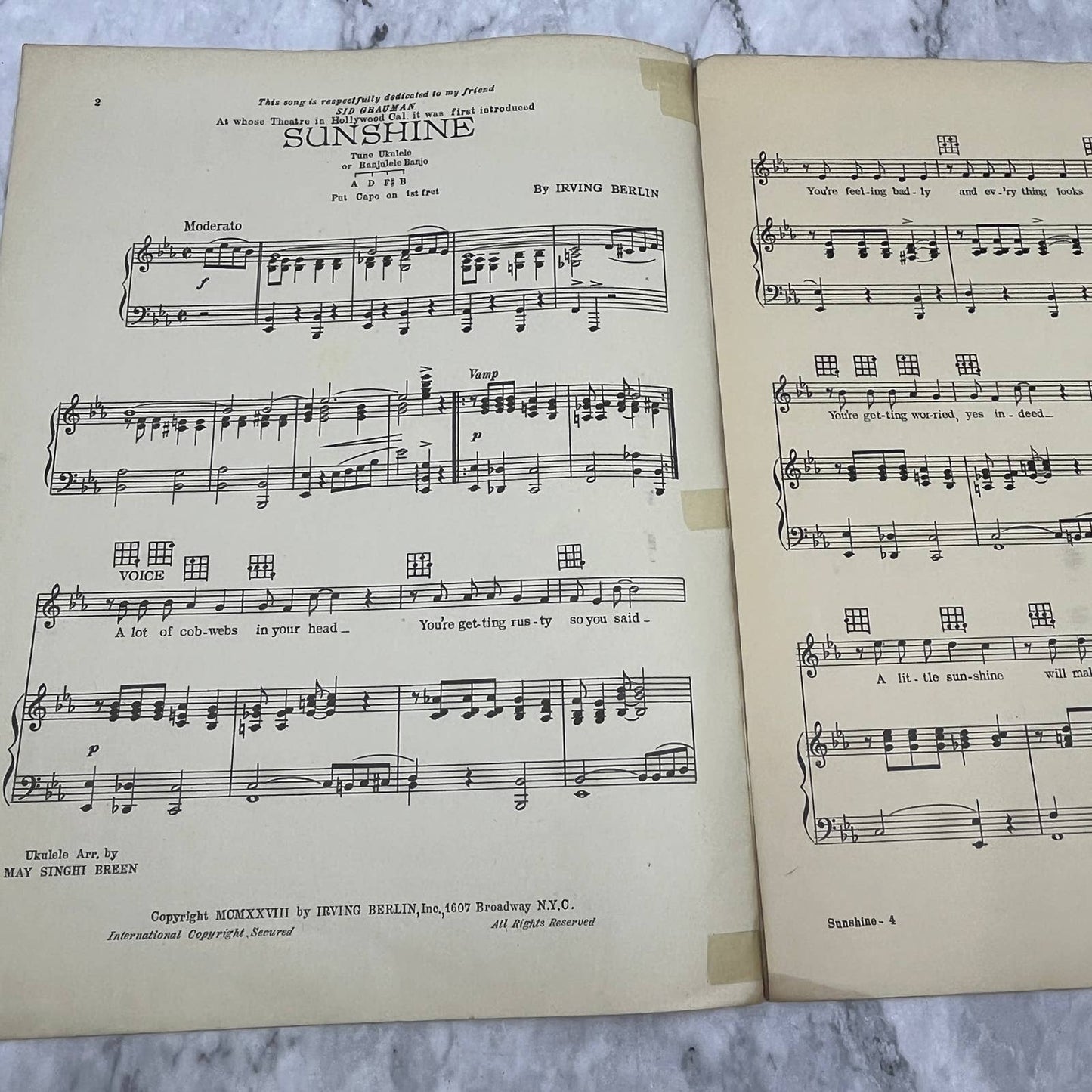 Irving Berlin's Sunshine 1928 Sheet Music TK2-SM4