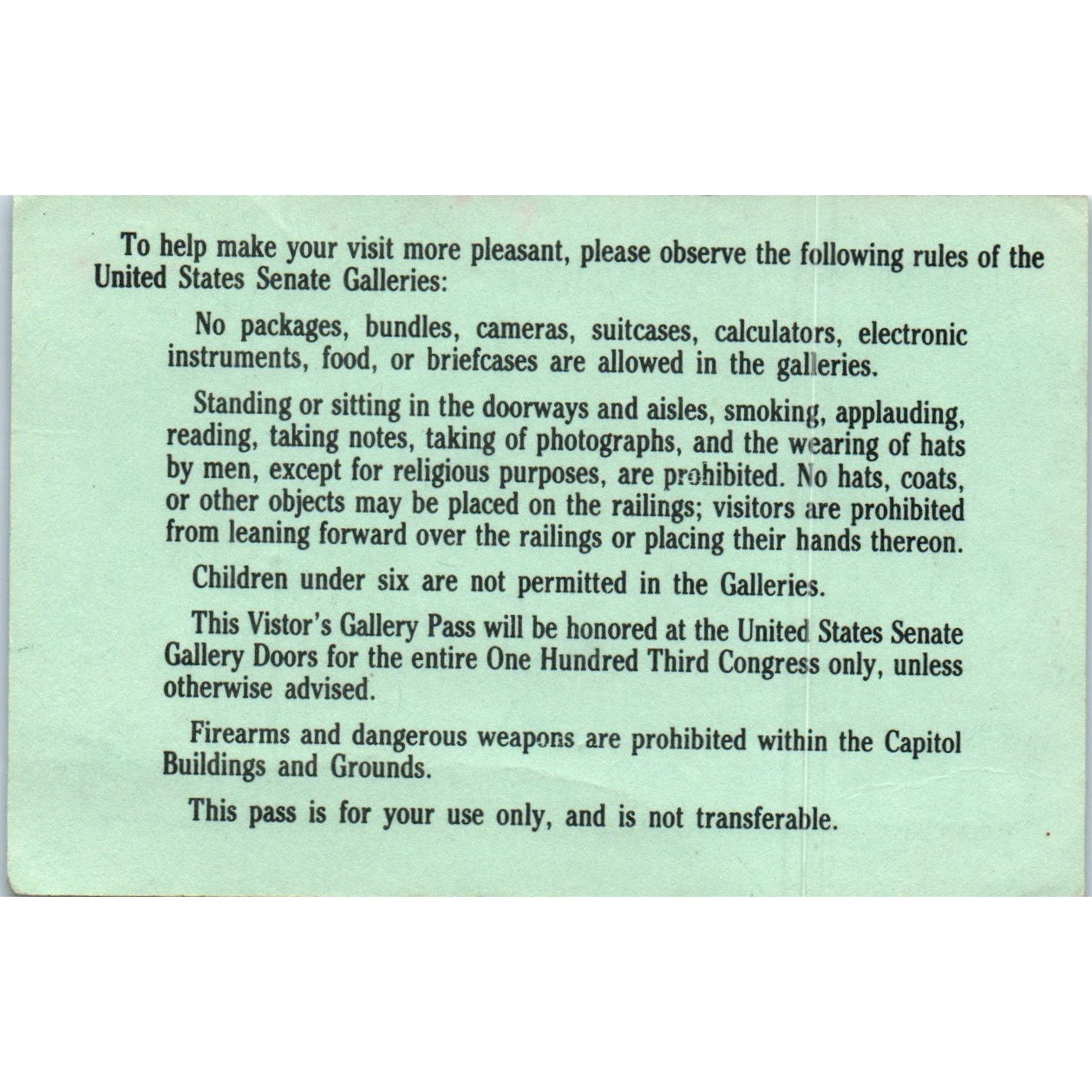 United States Senate Visitor Pass 1993 Dennis DeConcini B11
