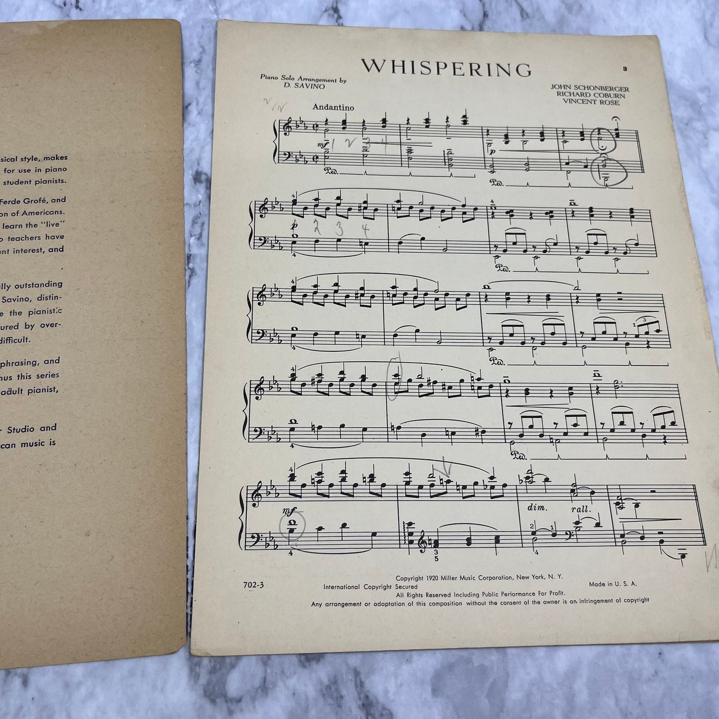 1920 Sheet Music Miller Song Classics "Whispering" Coburn Rose Schonberger V42-2