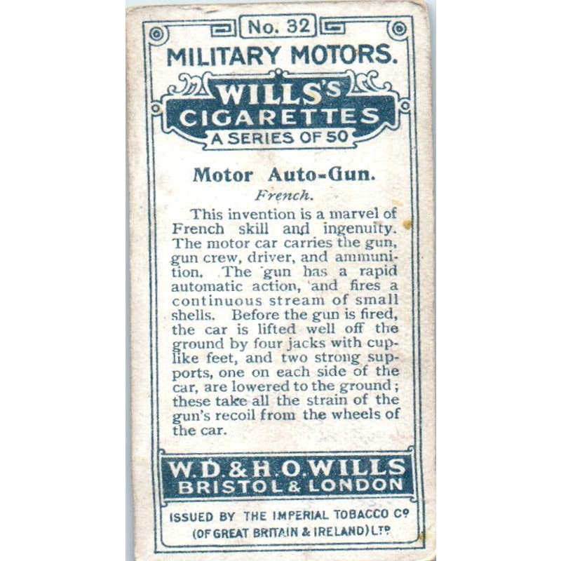 1916 WWI Wills's Cigarette Card Military Motors #32 Motor Auto Gun SE5