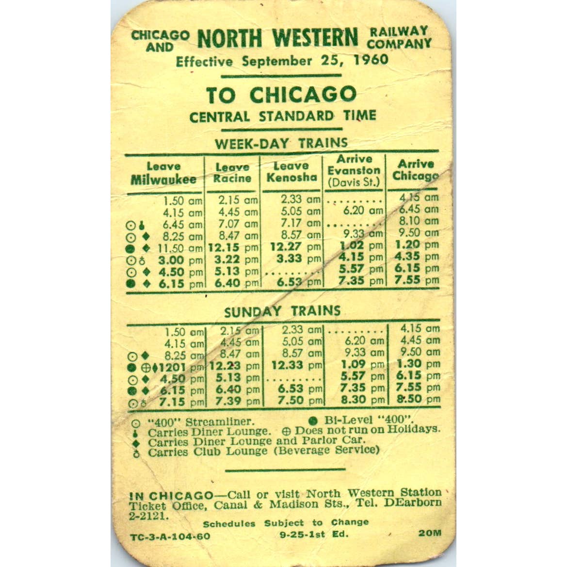 1960 Chicago and Northwestern Railway Company Timetable Card Milwaukee SE4
