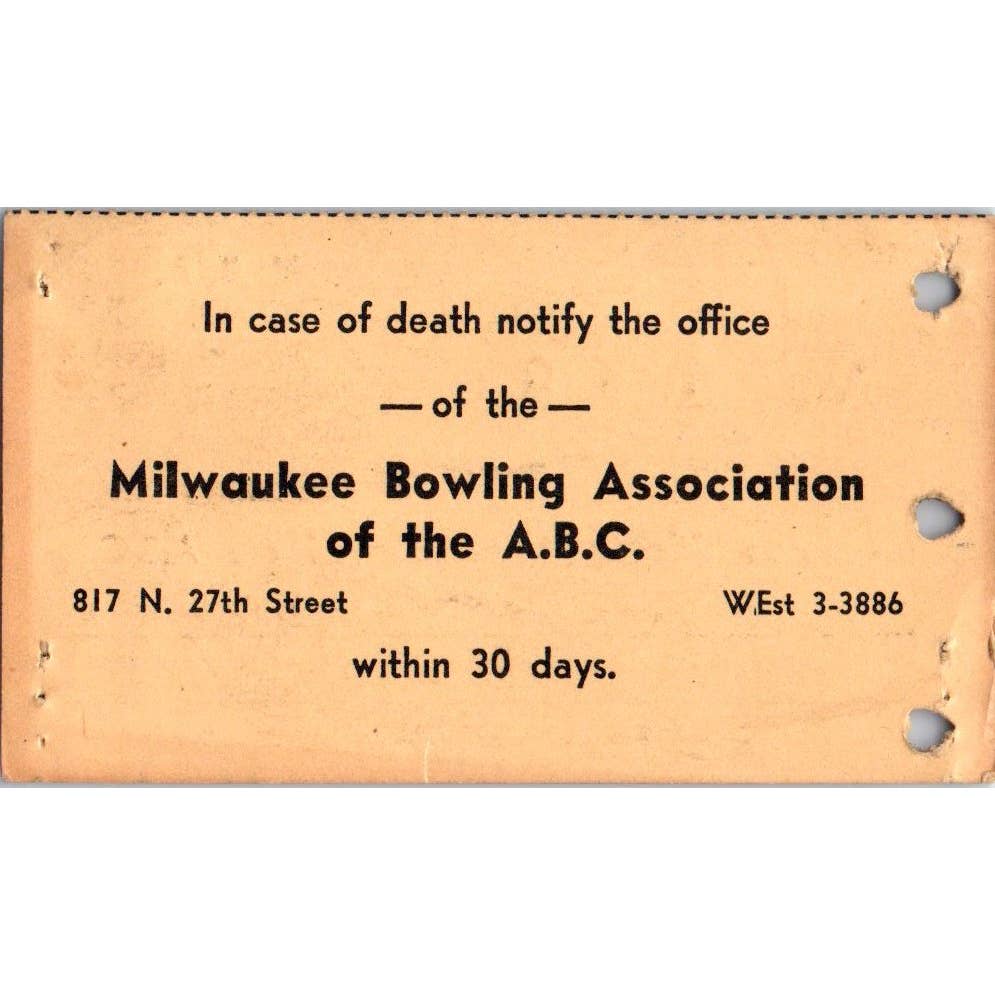 1949 Milwaukee Bowling Association Membership Card Carl W. K. Anderson SE5-5