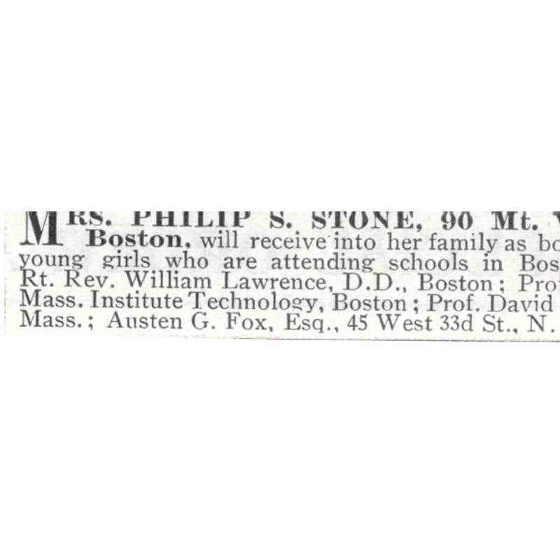 Mrs. Phillip S. Stone Boarding House Vernon St. Boston MA - 1903 Ad AK5-S35