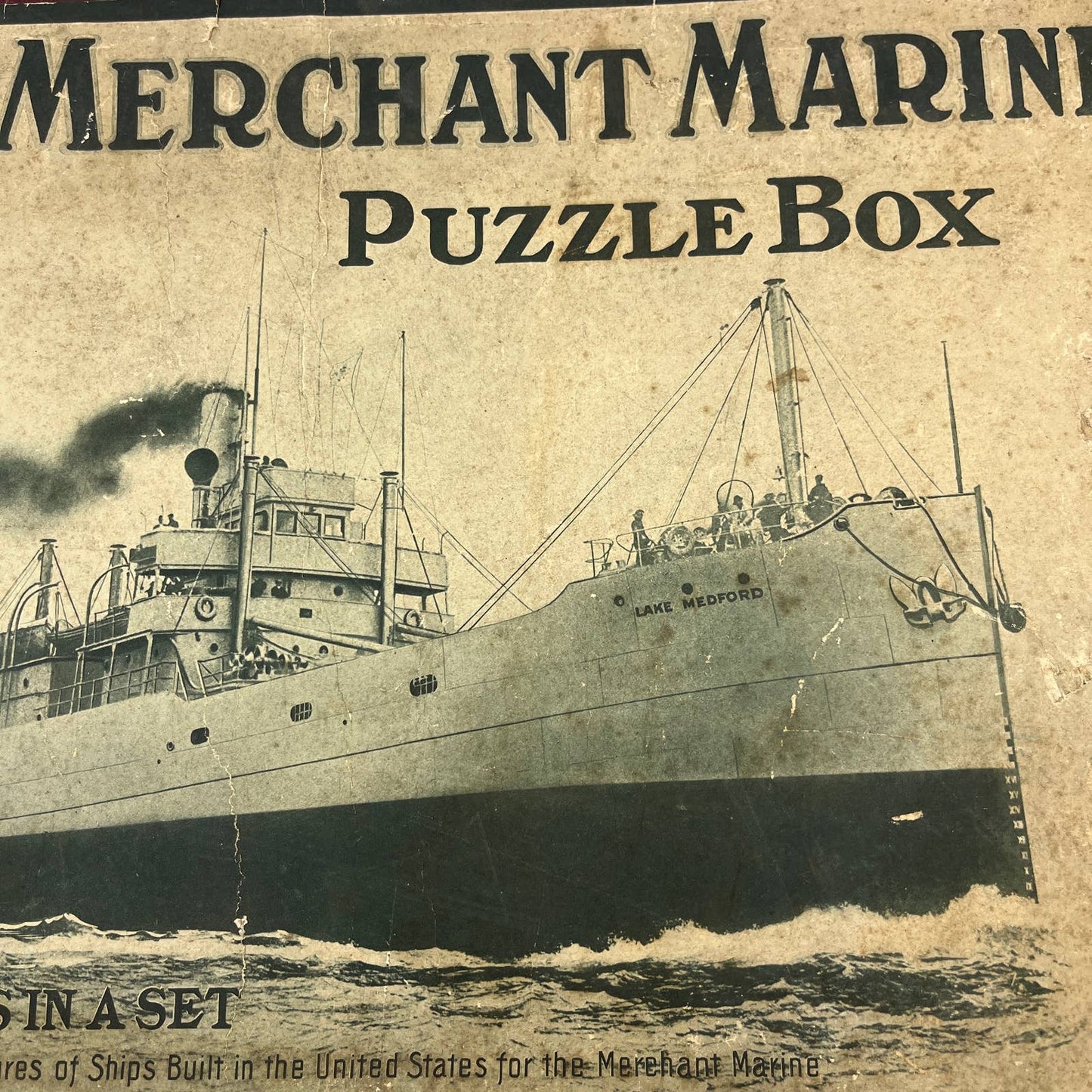 Antique Our Merchant Marine Puzzle Box Lake Medford 8x14 SS Caponka Agawam FL4