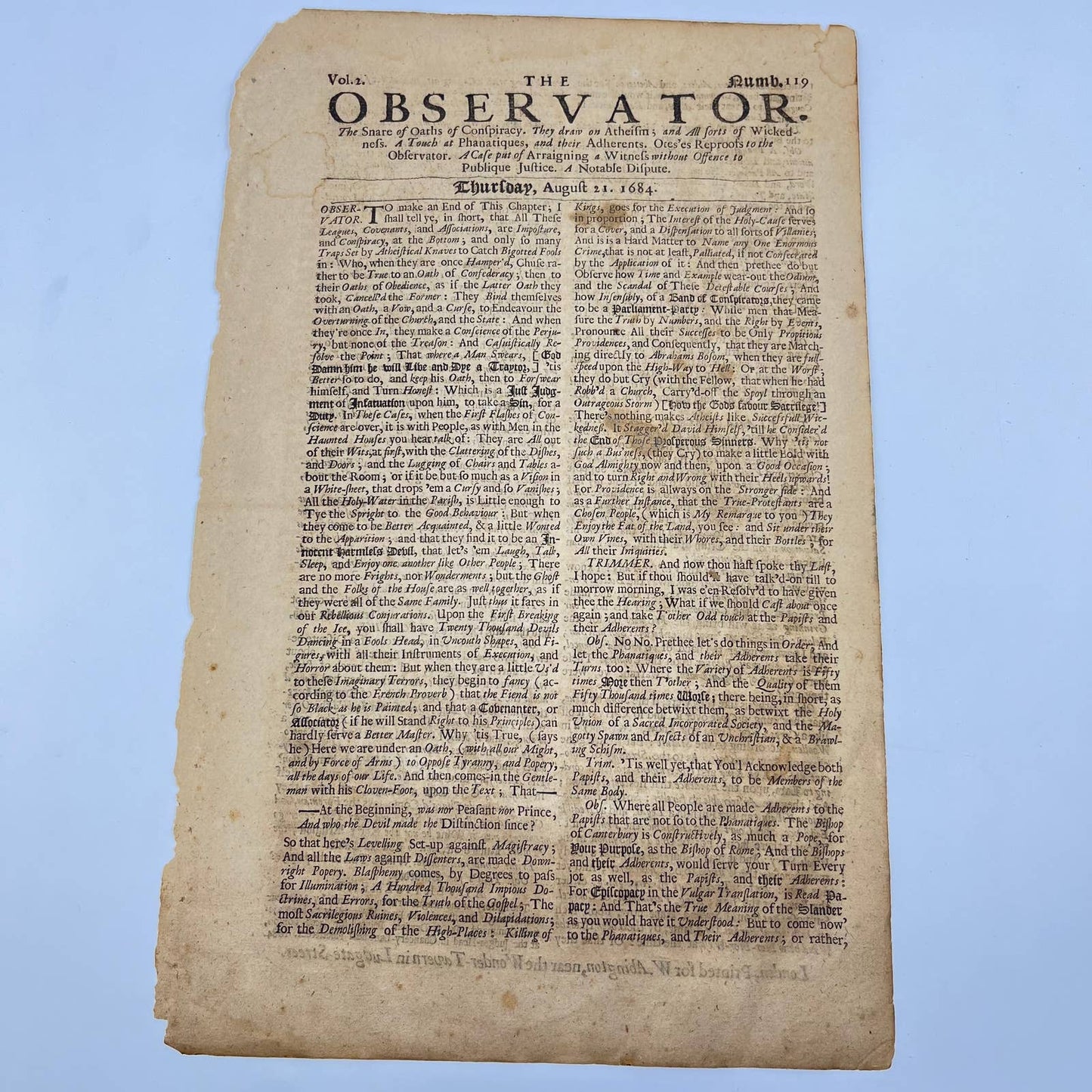 1684 The Observator Newspaper Volume 2 Issue 119 London FL1