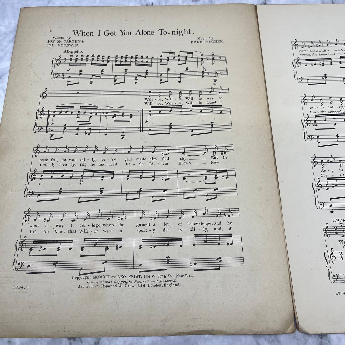 When I Get You Alone Tonight Sheet Music 1912 McCarthy Goodwin Fred Fischer TJ4