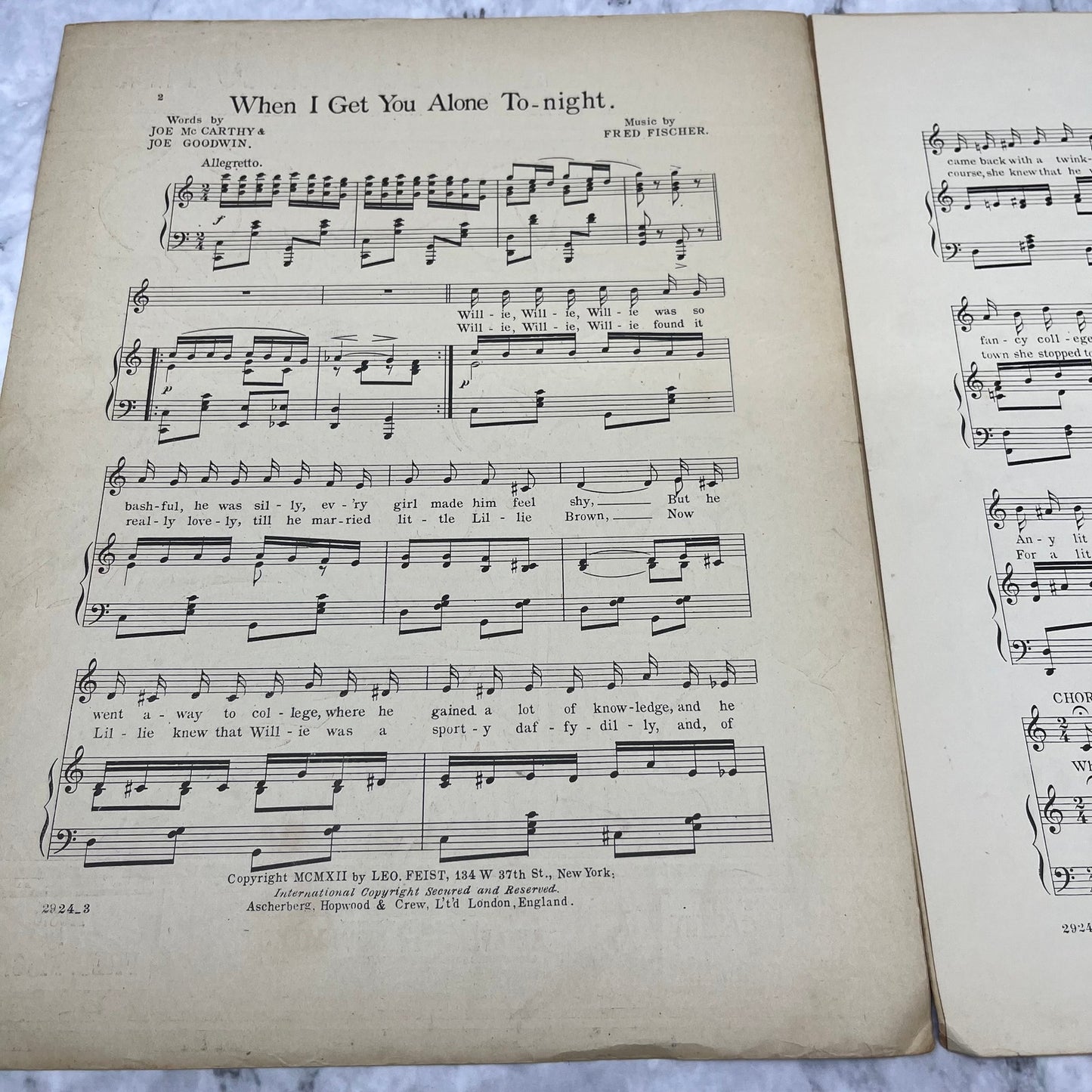 When I Get You Alone Tonight Sheet Music 1912 McCarthy Goodwin Fred Fischer V41-2