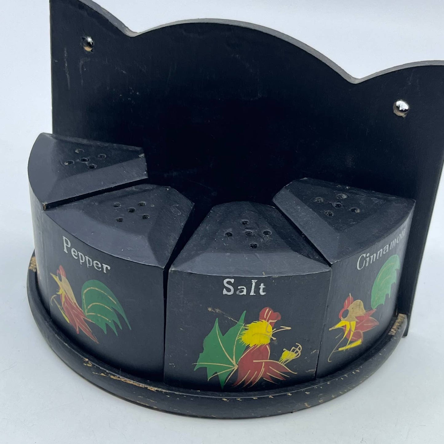 1950s MCM Folk Art and Painted Rooster Wood Wall Mount Spice Rack TH8
