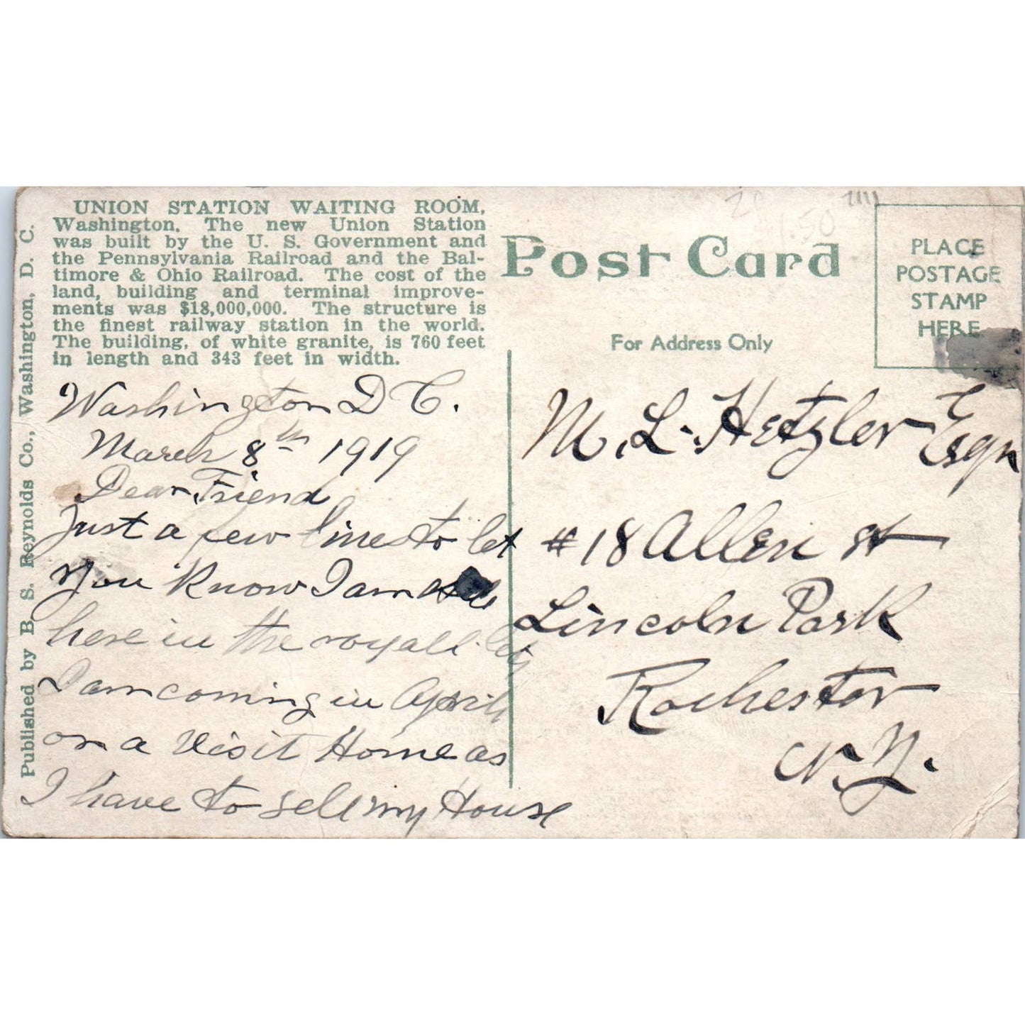 Union Station Waiting Room Washington D.C. c1910 Original Postcard TK1-P2