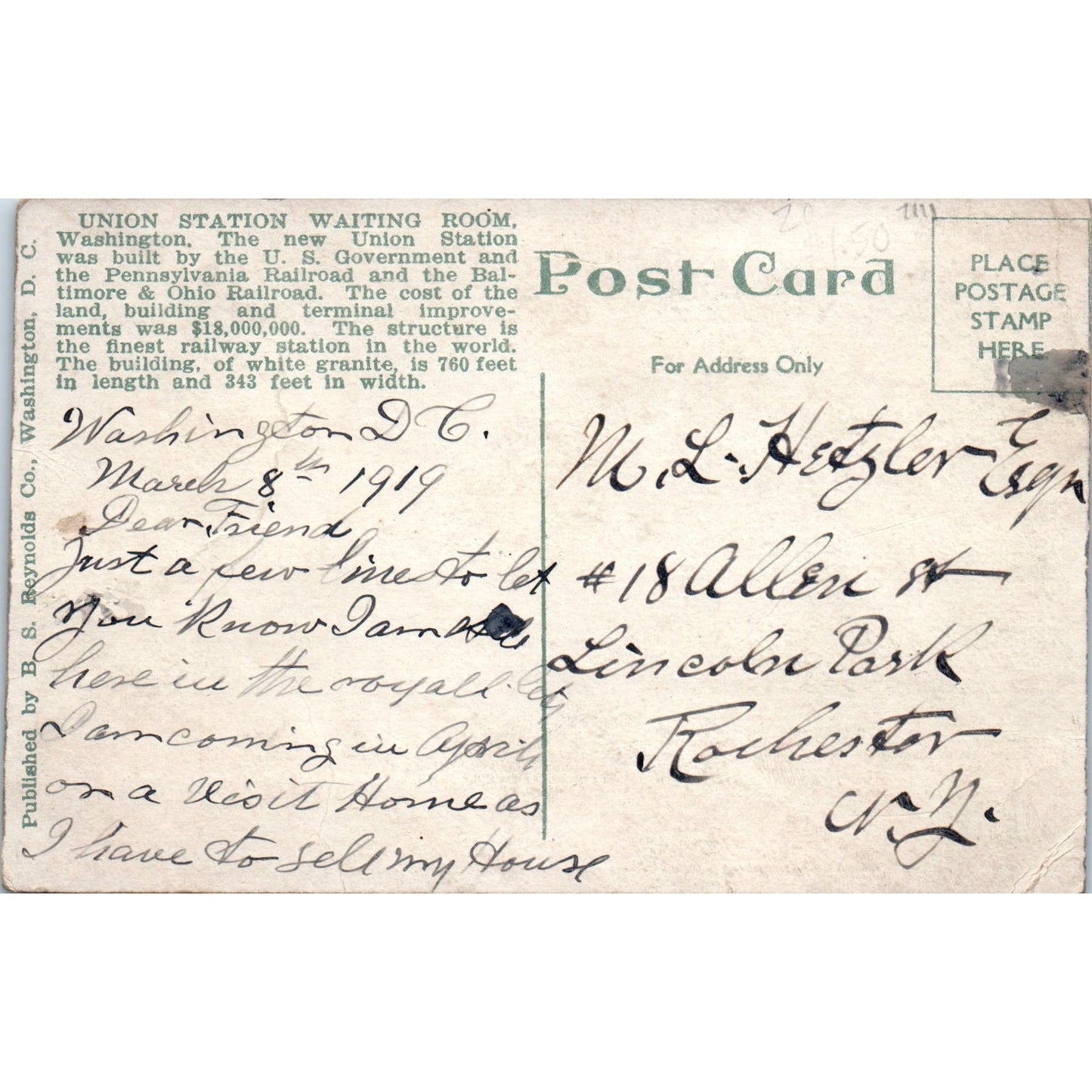 Union Station Waiting Room Washington D.C. c1910 Original Postcard P1-16