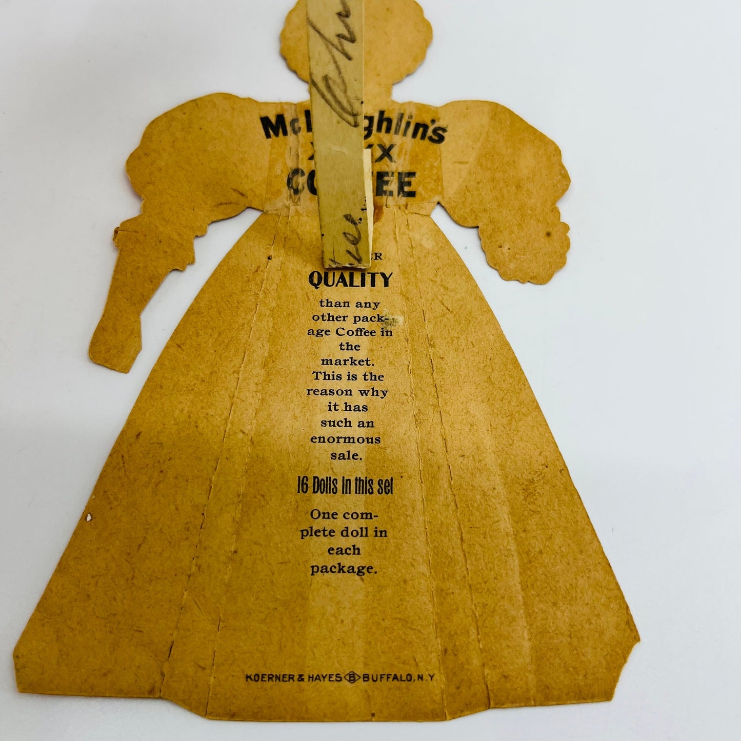 1880s Trade Card McLaughlin’s XXXX Coffee Stand Up Paper Doll Pink Dress SAH9-H7