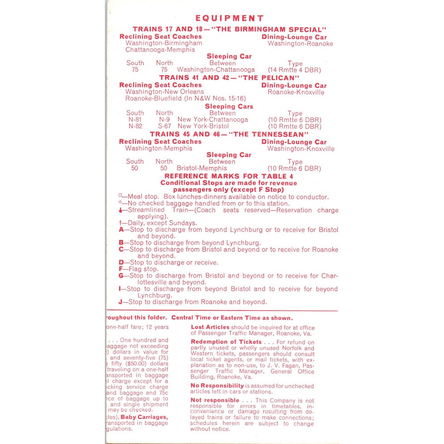 1963 Norfolk and Western Railway Powhatan Arrow and Pocahontas Timetable SE5