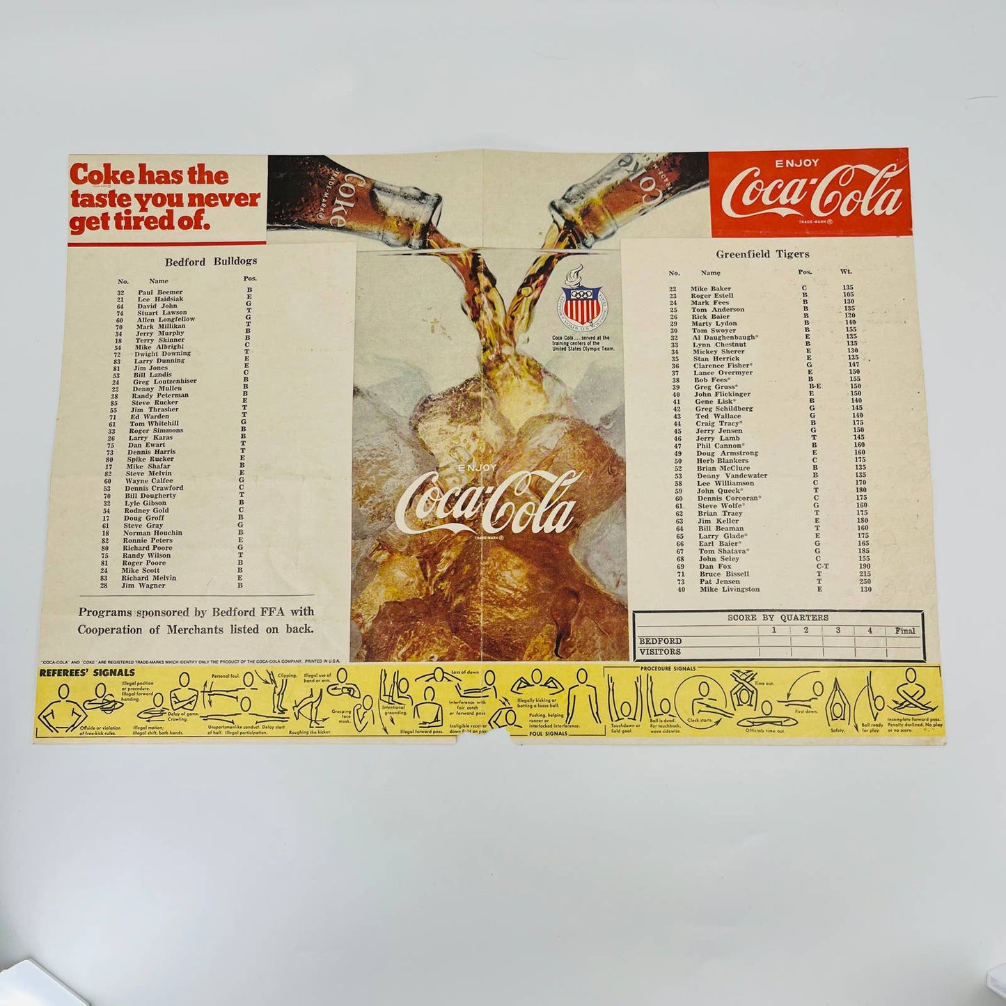 1968 Coca Cola FOOTBALL BCHS Schedule Bedford Bulldogs Greenfield Tigers IL C3