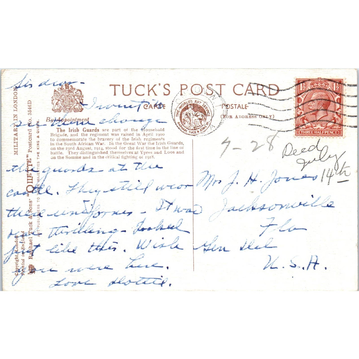 London Military The Irish Guards Raphael Tuck Oilette Original Postcard TK1-P17