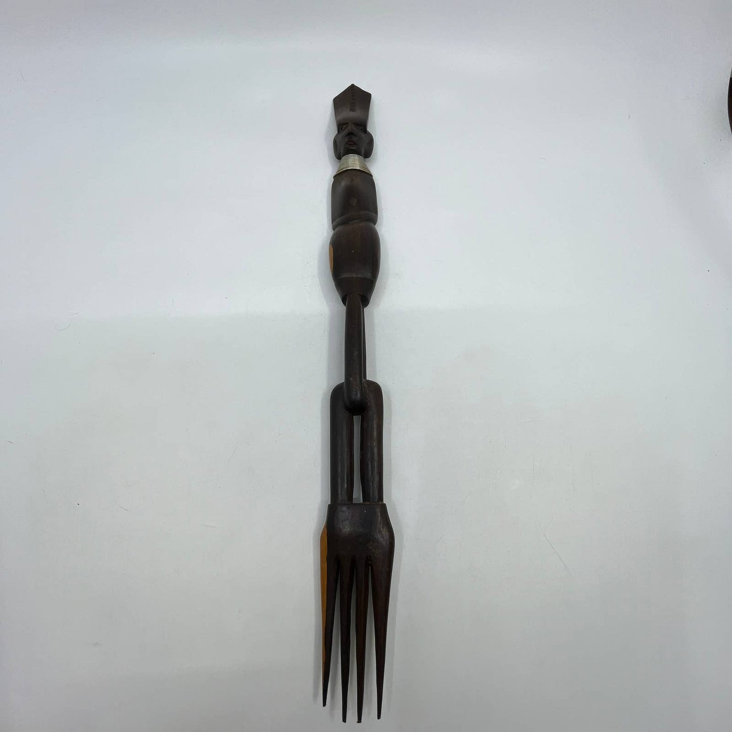 Vtg African Hand Carved Salad Fork Tribal Folk Art Wire Necklace 15" TI2