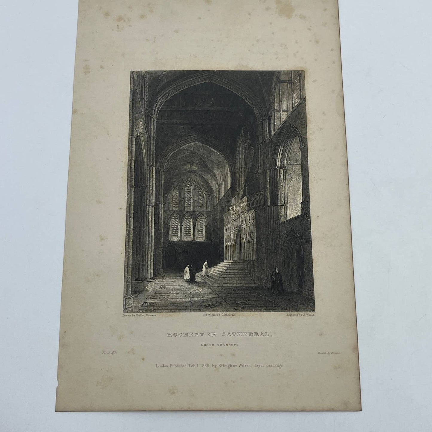 1836 Original Art Engraving Rochester Cathedral View of the North Transept AC6