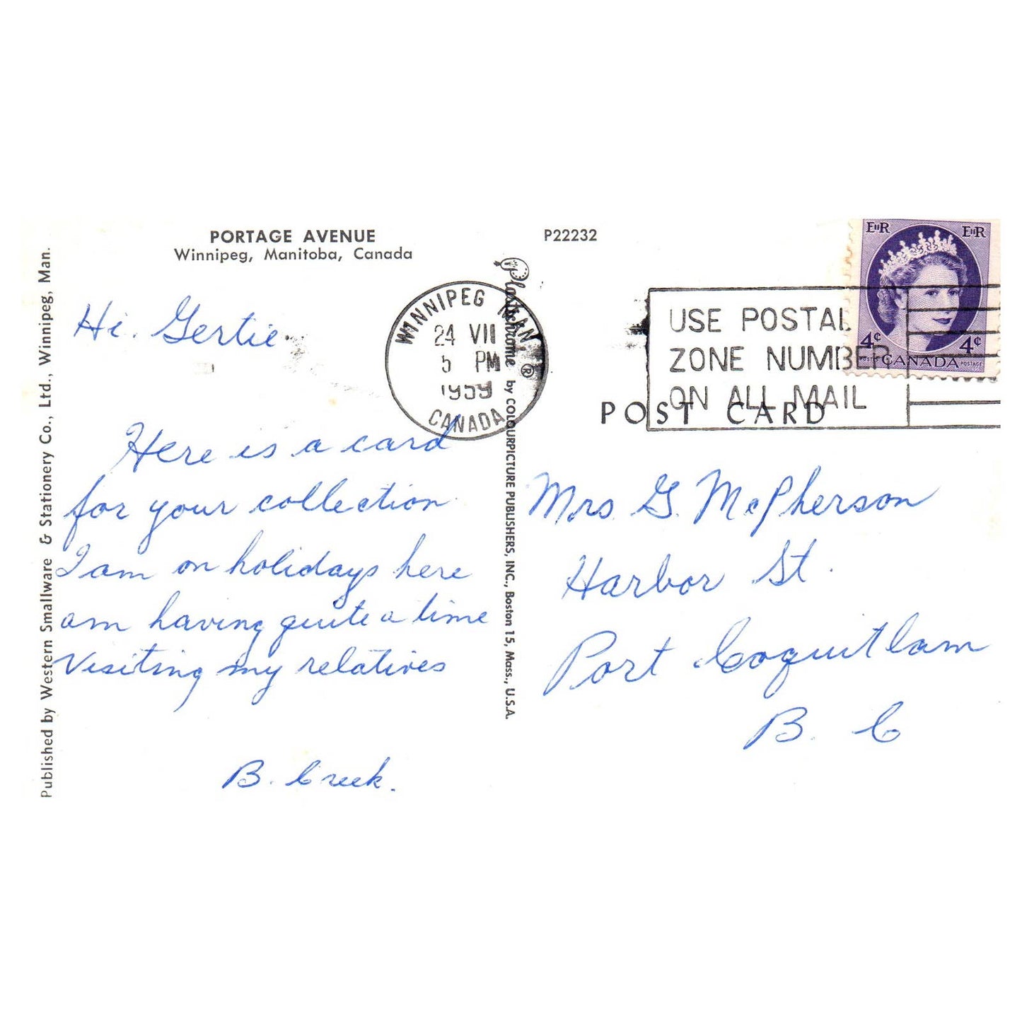 Vintage Postcard - Portage Avenue Winnipeg Manitoba Canada Small Tear AD9