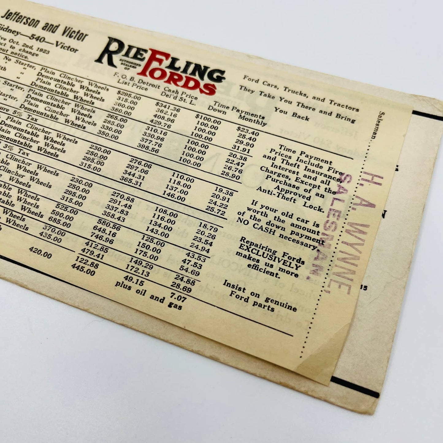RARE 1923 Riefling Fords Blotter Card Dealer Price List Dearborn Sidney 540 C2-2