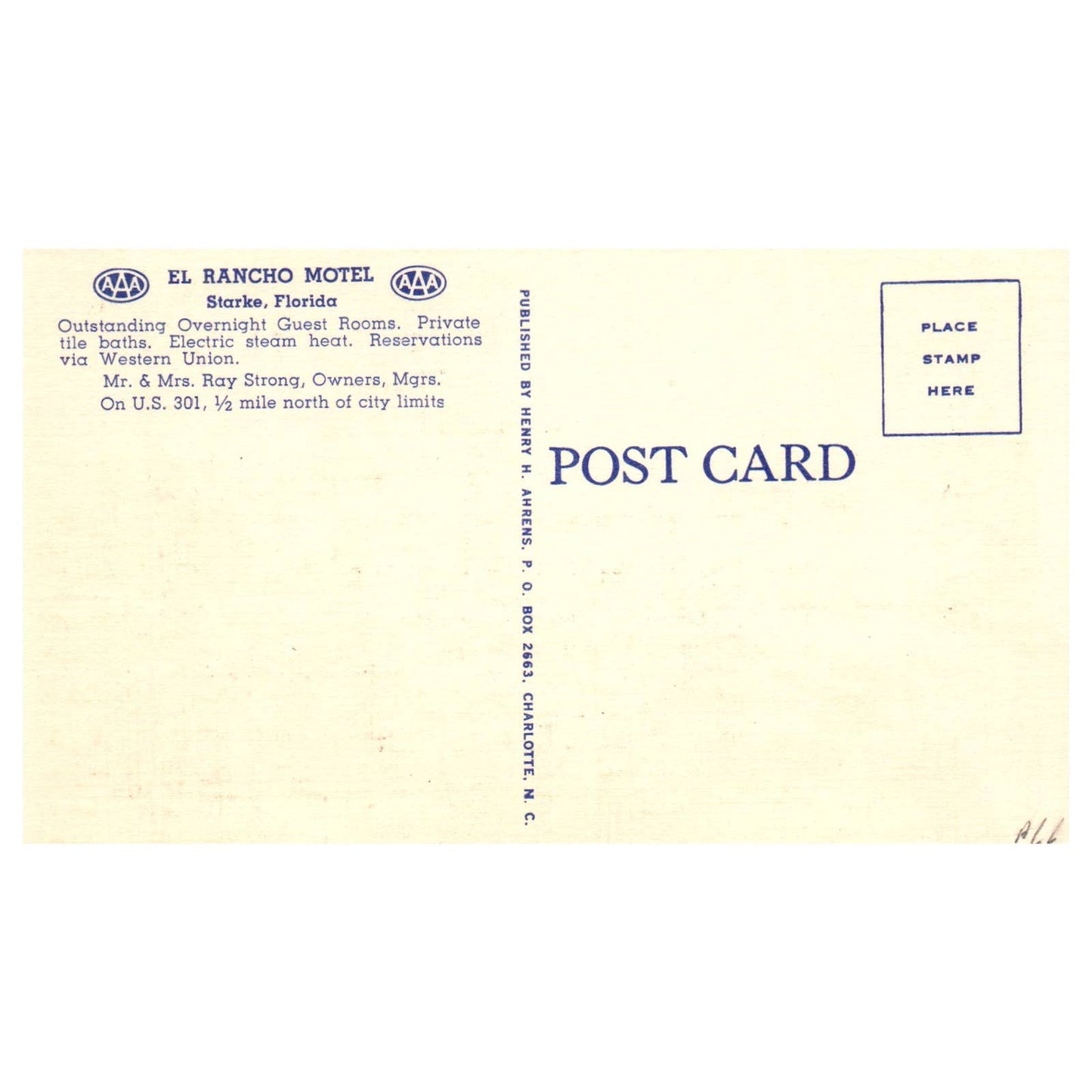 El Rancho Motel Starke Florida Mr & Mrs Ray Strong - Postcard TJ8-1