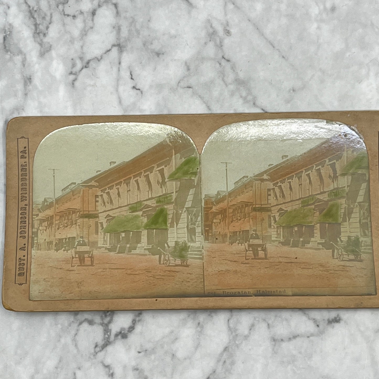 Antique Stereoview Card Brogatan Halmstad Sweden Hand Tinted H3-2
